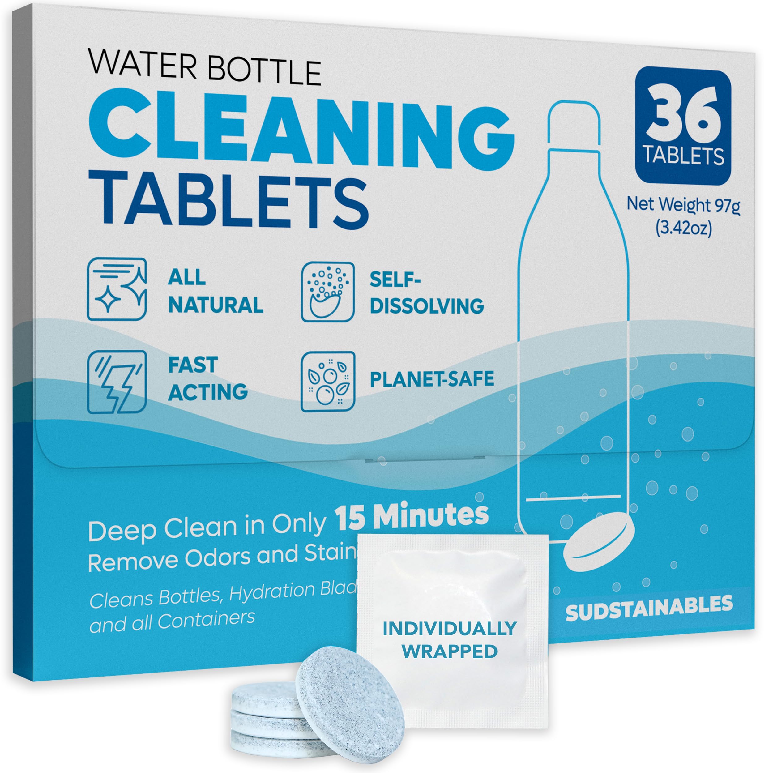 Sudstainables Water Bottle Cleaning Tablets - 36 Pack, Chlorine & Odor Free, Hydration Bladder and Water Bottle Cleaner Tablets, Removes Stubborn Stains & Odors