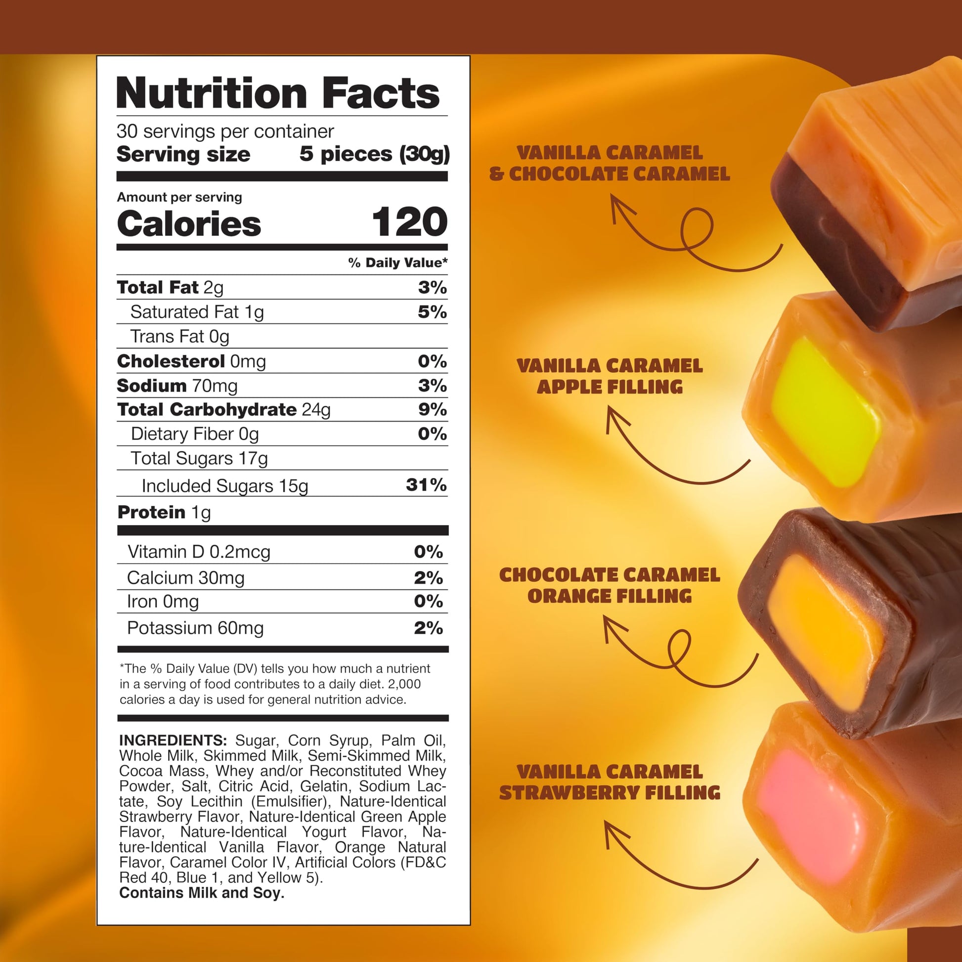 Caramel Cubes Candy Mix - 2 Pound Bulk Pack (About 150 Count) - Filled Creamy Caramels Individually Wrapped - Vanilla, Chocolate, Apple, Strawberry - Assorted Chews