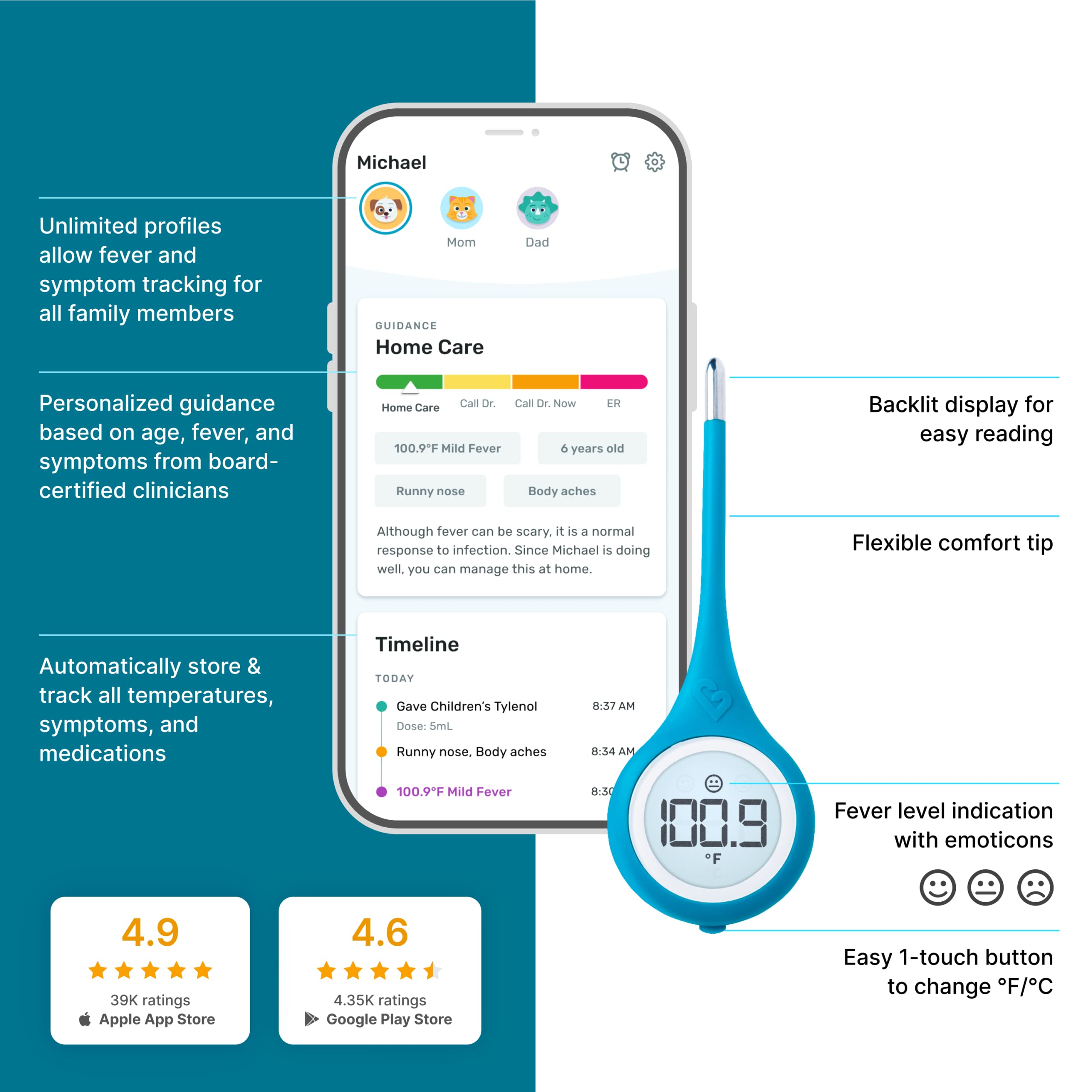 Kinsa Smart,Fever, Digital Medical Baby, Kid and Adult Termometro - Accurate, Fast, FDA Cleared Thermometer for Oral, Armpit or Rectal Temperature Reading - QuickCare