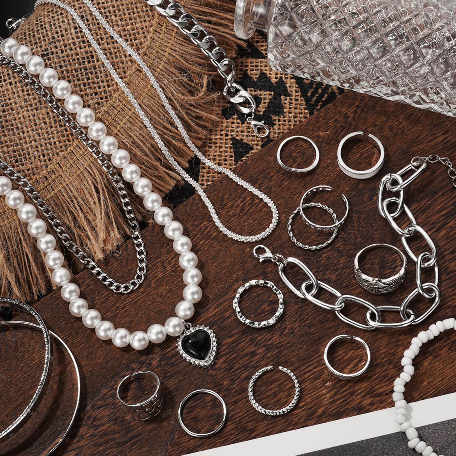 IFKM 36 Piece Silver Plated Jewelry Set - 3 Necklaces, 12 Bracelets, 7 Ear Cuffs, 14 Knuckle Rings for Women - Valentine, Anniversary, Birthday Gifts