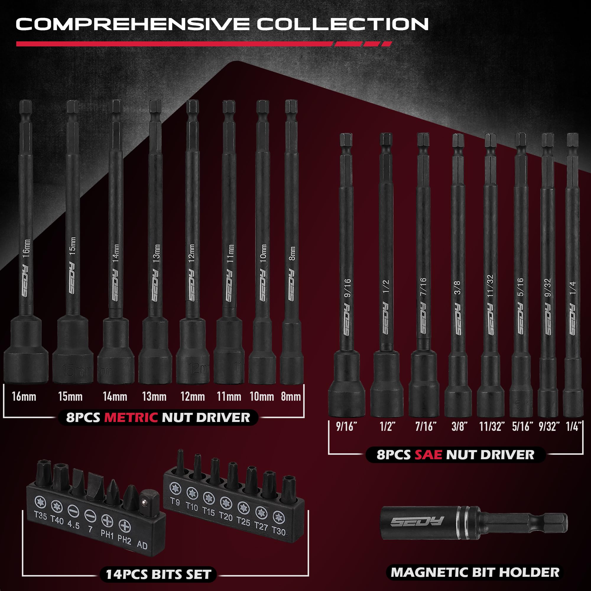 Nut Driver Impact Bit Set - 31-Piece Magnetic Socket Impact Drill Bit Tool Sets Extra Long Hex Nut Setter Driver Holder - Metric SAE Screwdriver Bits 1/4 Drive Shank Adapter Extension