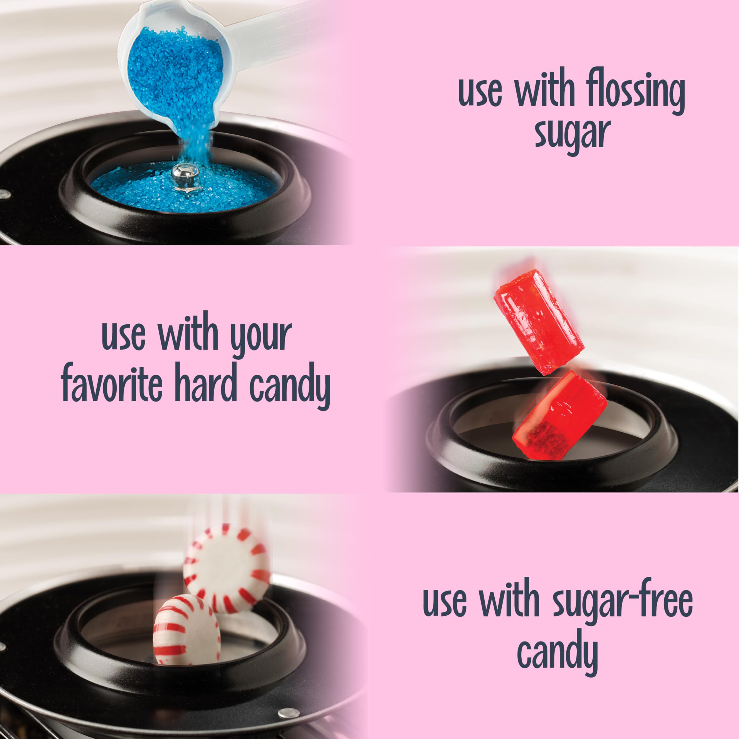 Nostalgia Vintage Hard and Sugar Free Candy Countertop Cotton Candy Maker, Includes 2 Reusable Cones And Sugar Scoop – Pink