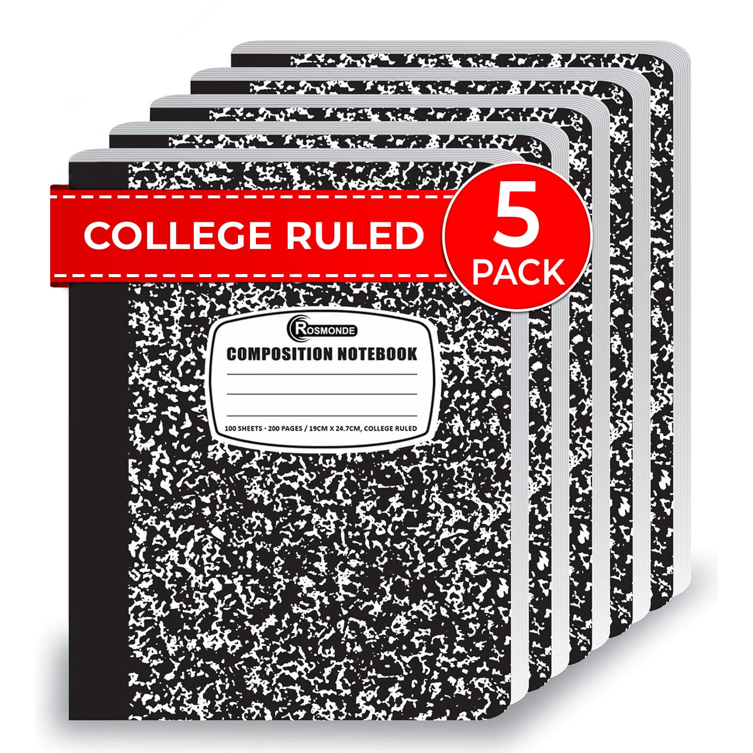 Rosmonde College Ruled Composition Notebooks 5 Pack, 200 Pages (100 Sheets), 9-3/4" x 7-1/2", White & Black Marble Composition Book, Hard Cover, Sturdy Sewn Binding, School, College & Office Supplies