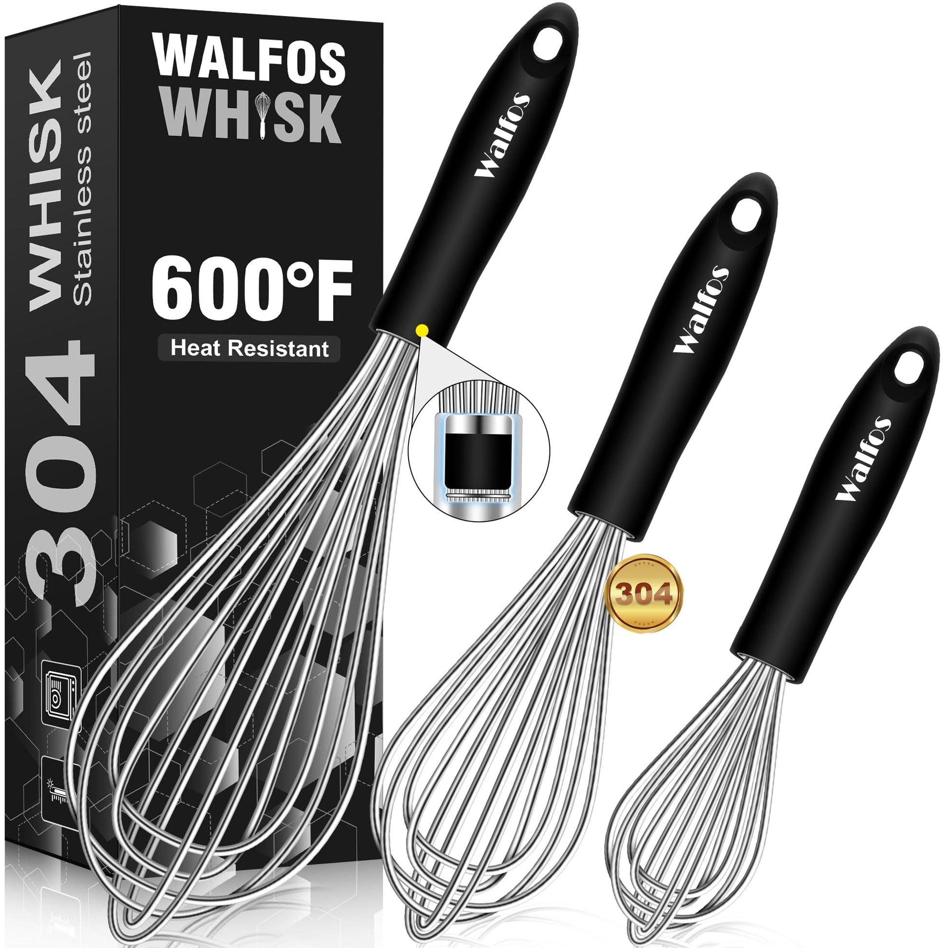 Stainless Steel Wire Whisk Set - 3 Packs Balloon Whisk, Thick Wire Wisk ＆ Strong Handles, Egg Frother for Cooking, Blending, Whisking, Beating and Stirring (8.5"+9"+11")