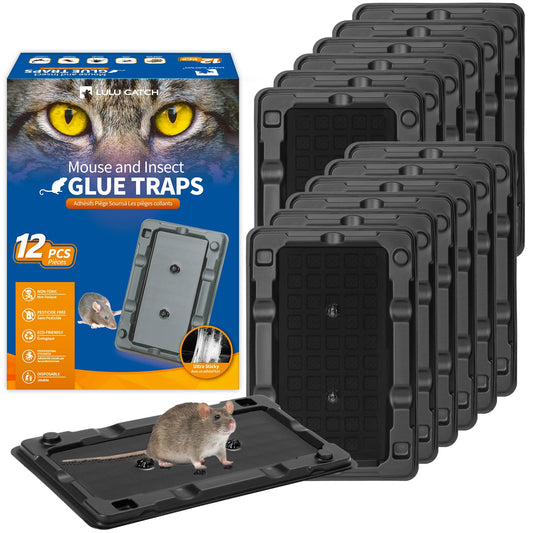 LULUCATCH Mouse & Insect Glue Traps, 12 Pack Adhesive Glue Traps, Pre-Baited Glue Boards Non-Toxic Bulk Mouse Traps Indoor for Cricket, Roach, Spiders, Flea, Lizard, Bug, Pet Safe for House & Garage