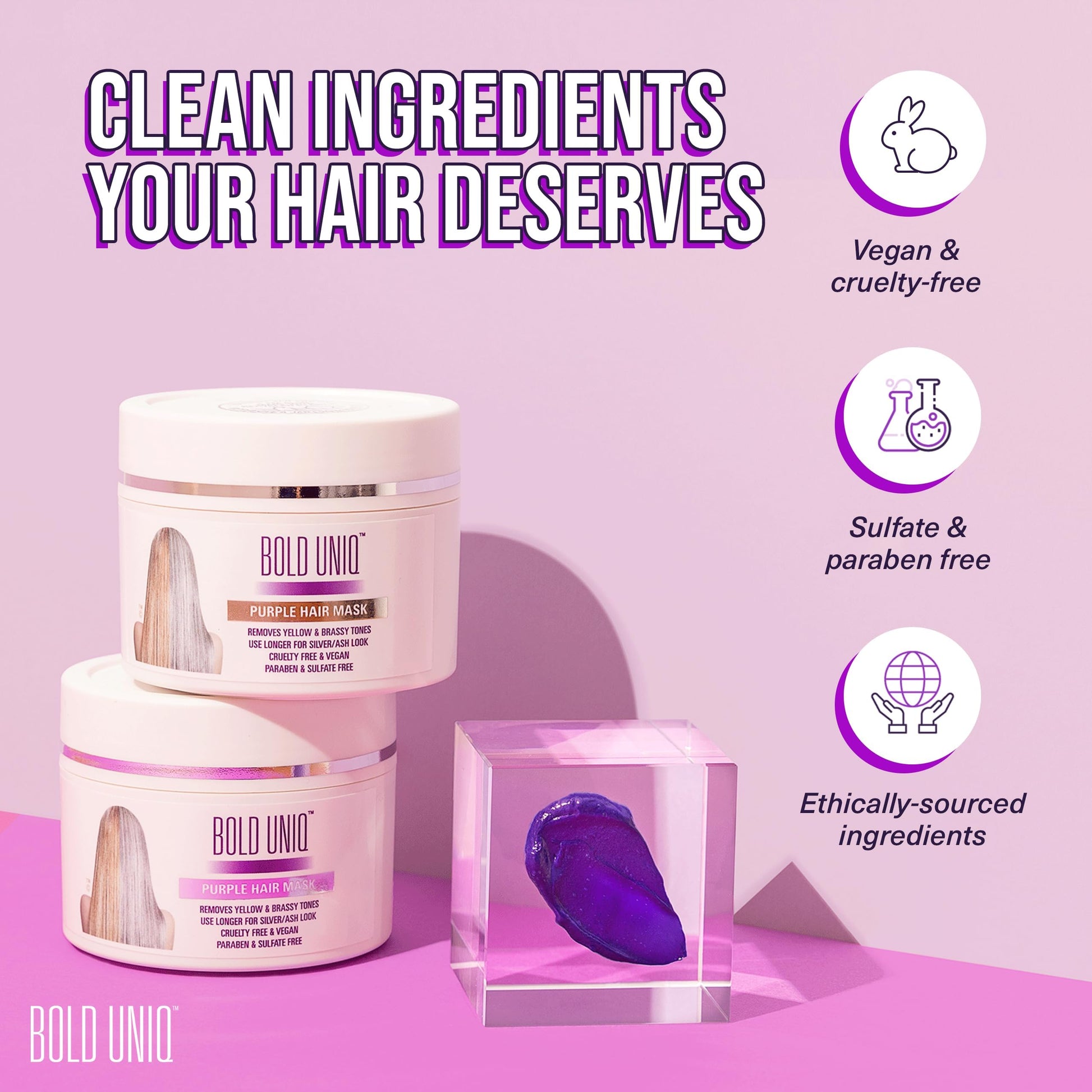 Bold Uniq Purple Hair Mask - Toner For Blonde, Platinum, Bleached, Silver, Gray, Ash & Brassy Hair - Remove Yellow Tones & Condition Dry, Damaged Hair - Cruelty Free & Vegan - 6.76oz