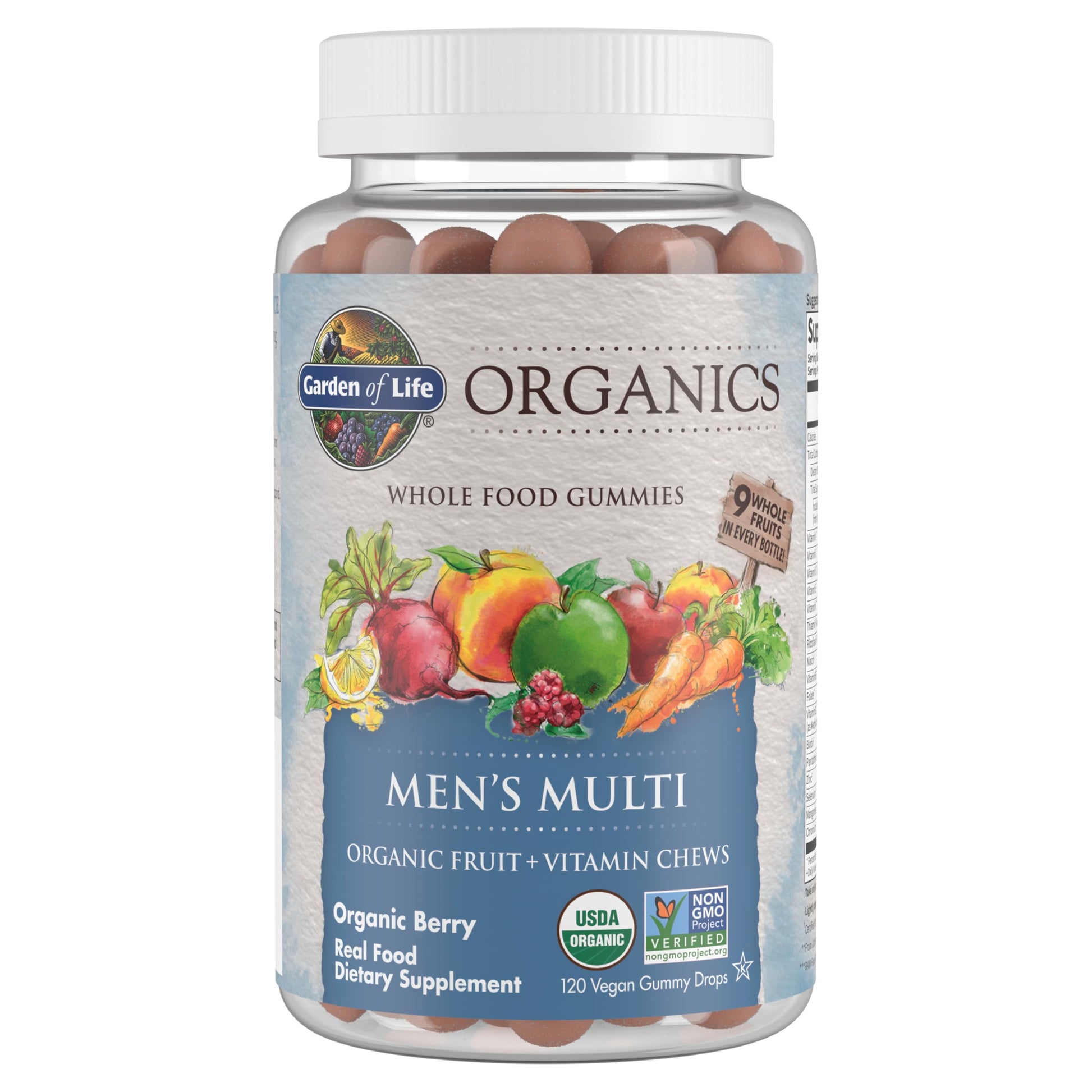 Garden of Life Organics Men's Gummy Vitamins - Berry - Certified Organic, Non-GMO, Vegan, Kosher Complete Multi - Methyl B12, C & D3 - Gluten, Soy & Dairy Free, 120 Real Fruit Chew Gummies