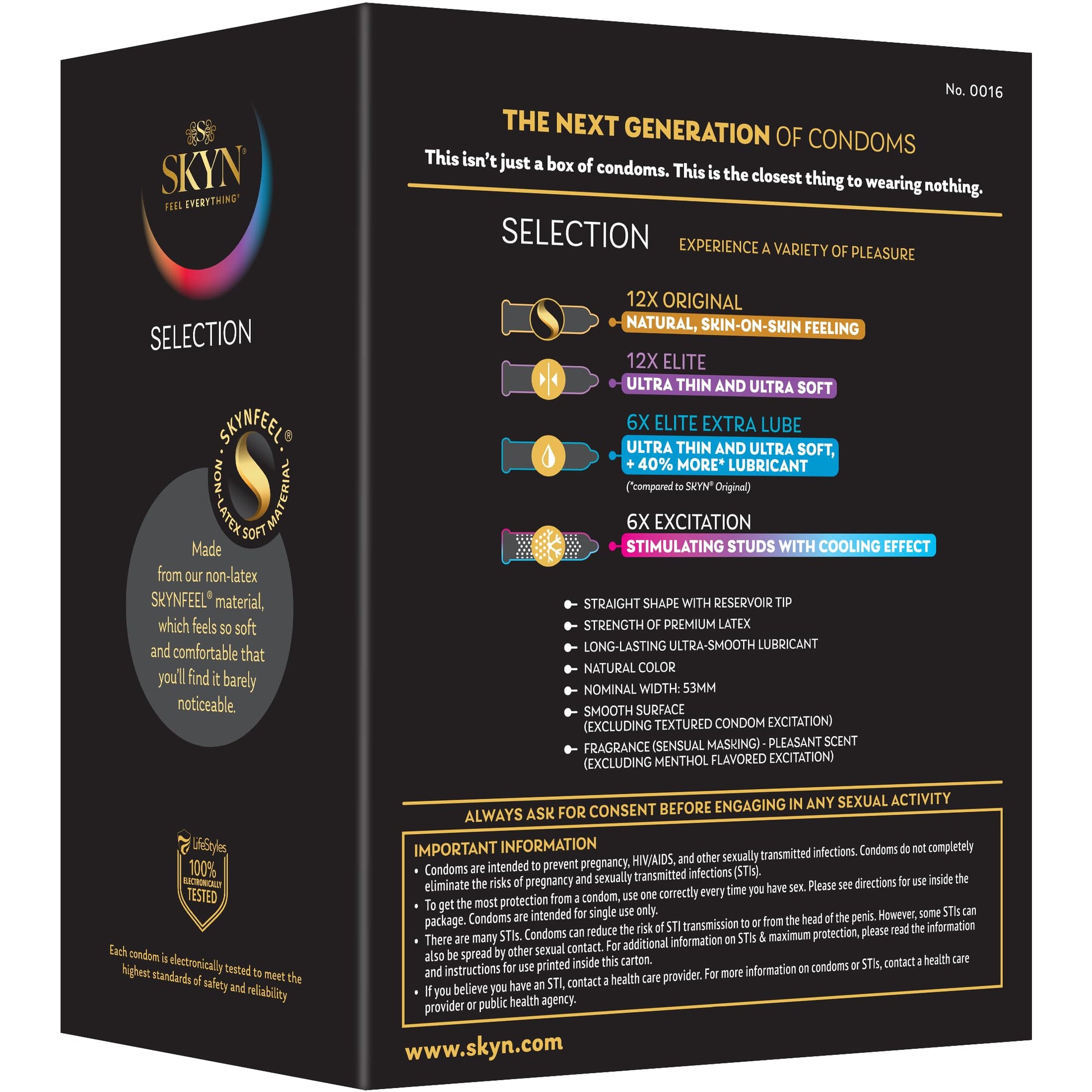 SKYN Selection Non-Latex Condoms, Regular Fit Variety Pack Contains SKYN Elite, Original, Excitation, Extra Lube, Condoms, 36 Count