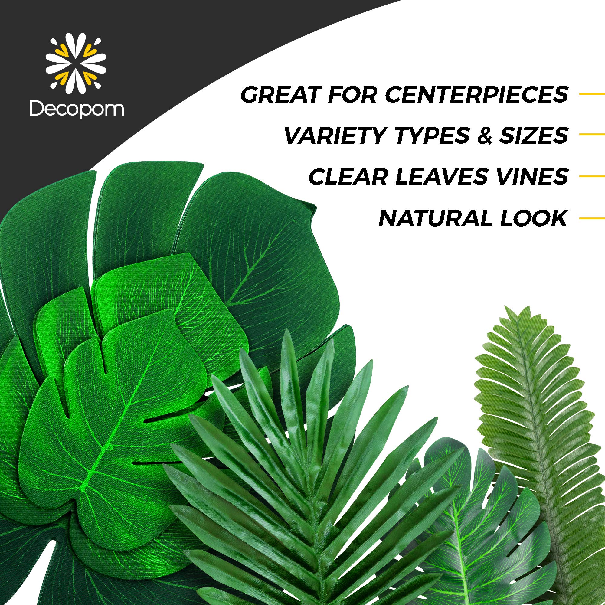 Decopom Palm Leaves Artificial Tropical Monstera-84Pcs 6 Kinds Large Small Green Fake Palm Leaf with Stems for Safari Jungle Hawaiian Luau Party Table Decoration Wedding Birthday Theme Party