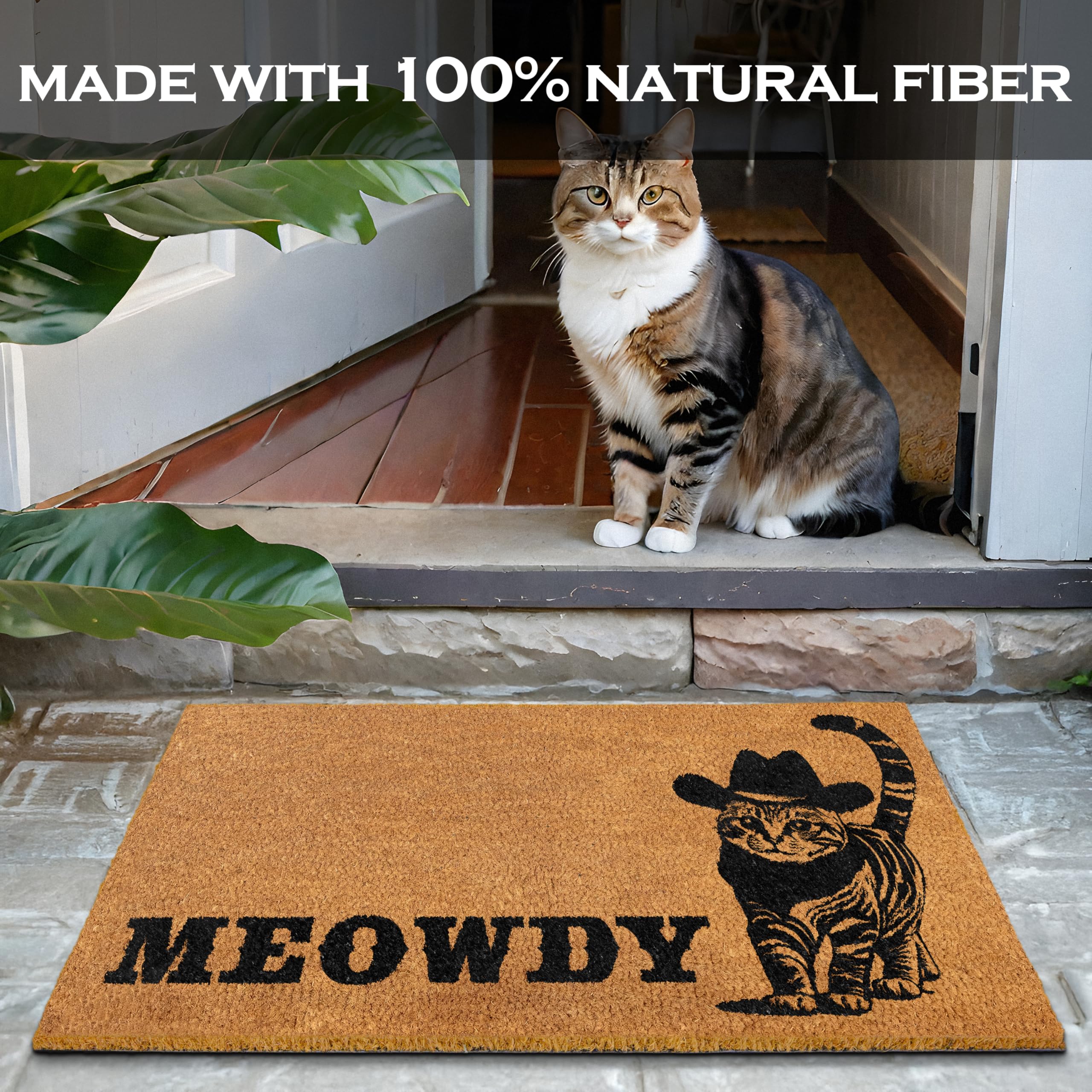 Meowdy Doormat 30x17 Inch, Cat Front Door Mat for Covered Outdoor Area, Black Cat Welcome Mats for Front Door Gift, Coir Outdoor Doormat