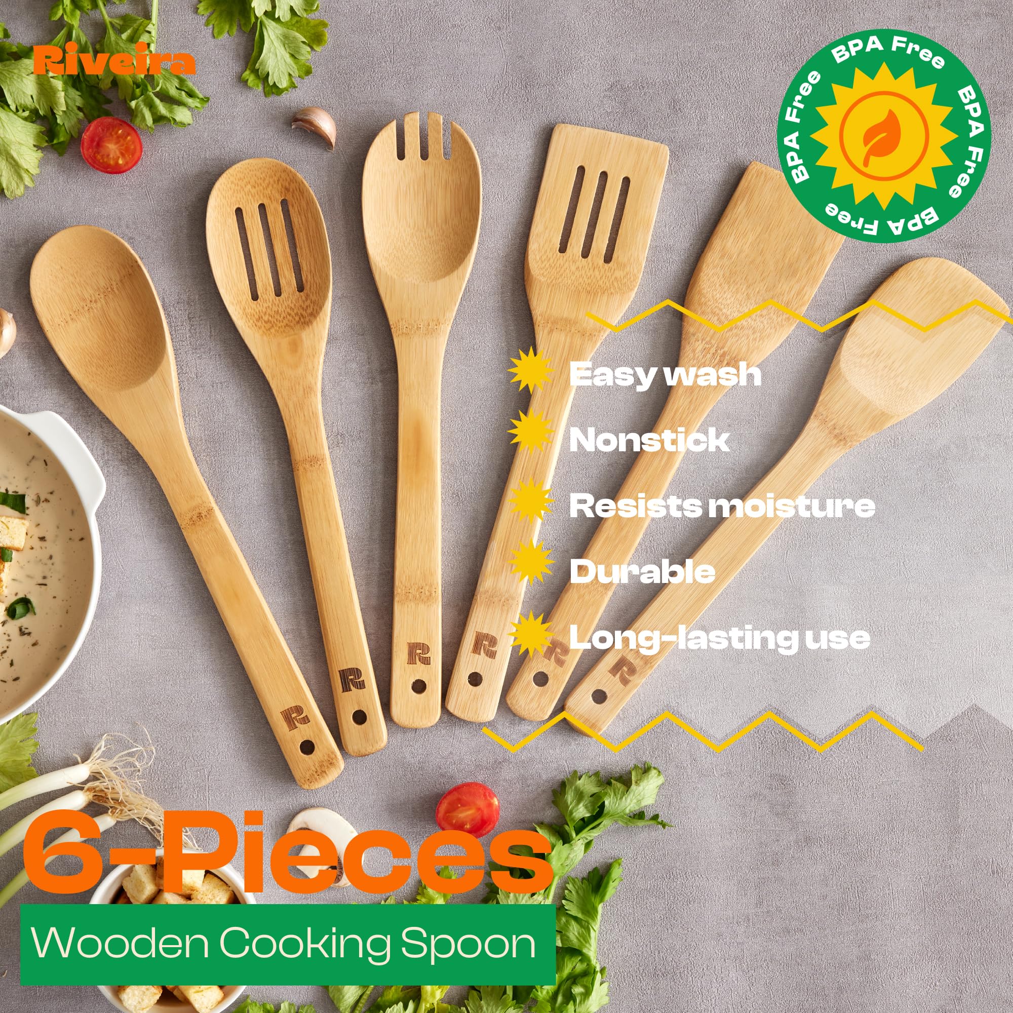 Riveira Bamboo Cooking Spoons 6-Piece – Wooden Cooking Utensils Set with Wooden Spoons for Cooking & Spatulas Wooden Utensil Sets – Premium Kitchen Utensils Set – Durable First Apartment Essentials