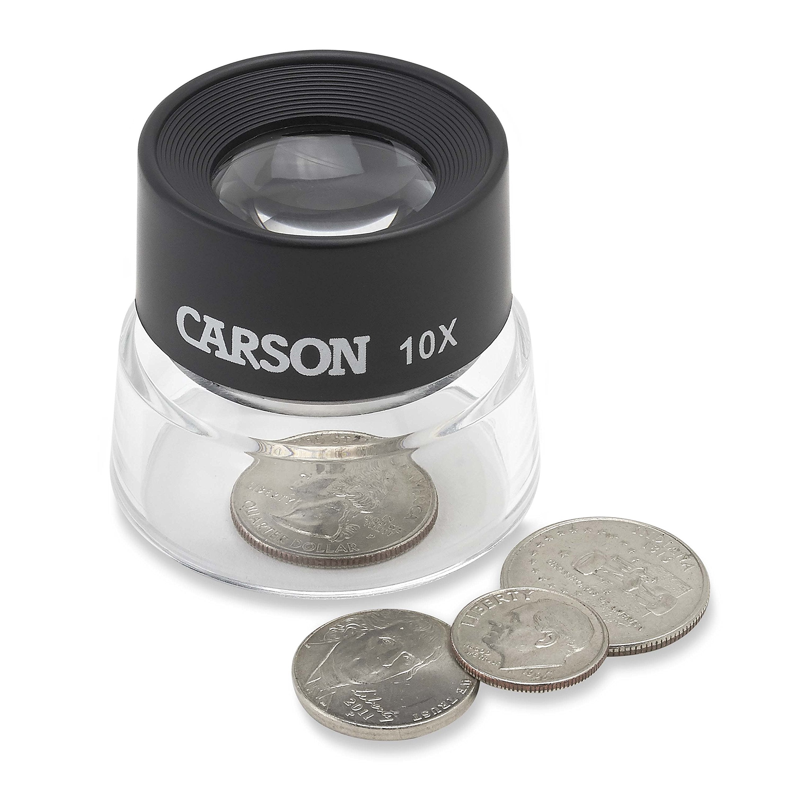 Carson LumiLoupe 10X Power Black/Clear Stand Magnifier, Ambient Light, 1.0 inch Lens Diameter, 2.0 inch Base Diameter, 2.0 x 1.75 x 2.0 inches, 0.05 kg