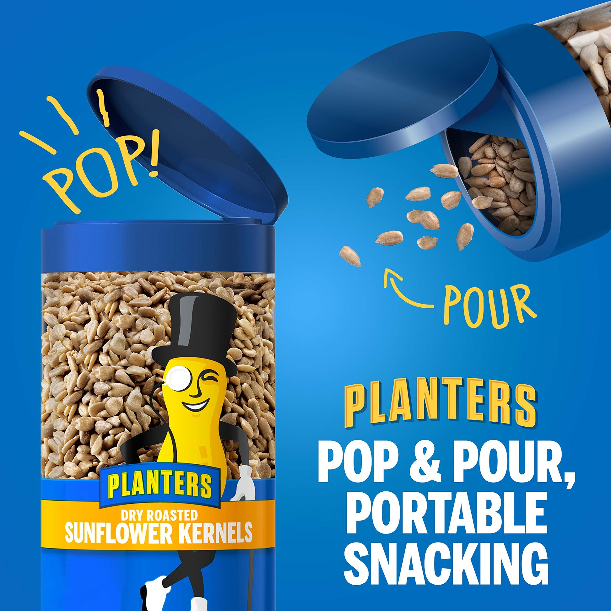 PLANTERS Pop & Pour Dry Roasted Sunflower Seeds to Eat, Road Trip Snack, Plant-Based Protein, Snacks for Adults, After School Snacks for Kids, Bulk Nuts, Kosher, 5.85oz Jar (4 Count)