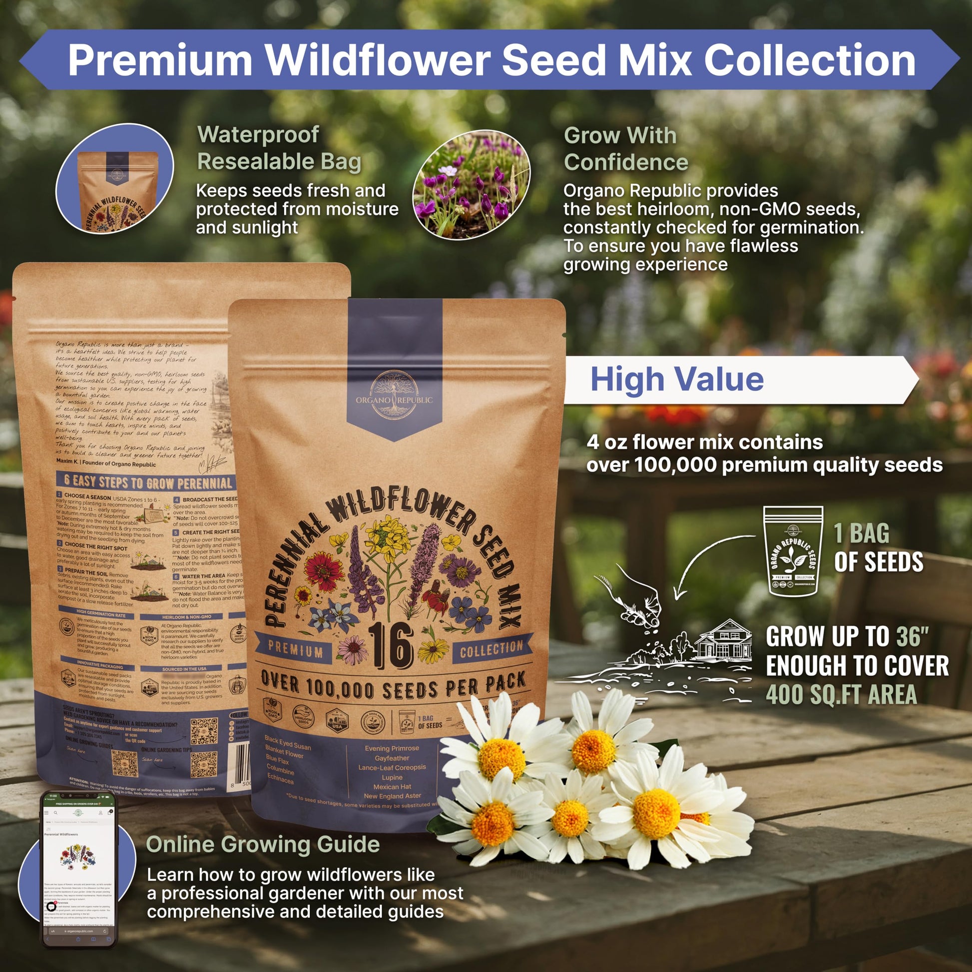 Organo Republic 16 Perennial Wildflower Seeds Mix for Indoor & Outdoors. 100,000+ Non-GMO, Heirloom Wildflower Garden Seeds, 4oz Packet for Growing Wild Flowers to Attract Bees, Butterflies & Birds