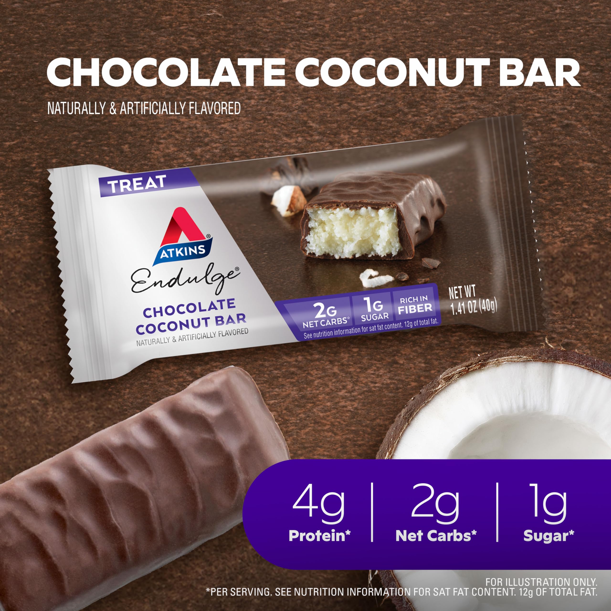 Atkins Endulge Chocolate Coconut Bar, Dessert Favorite, High in Fiber, 1g Sugar, 16 Count