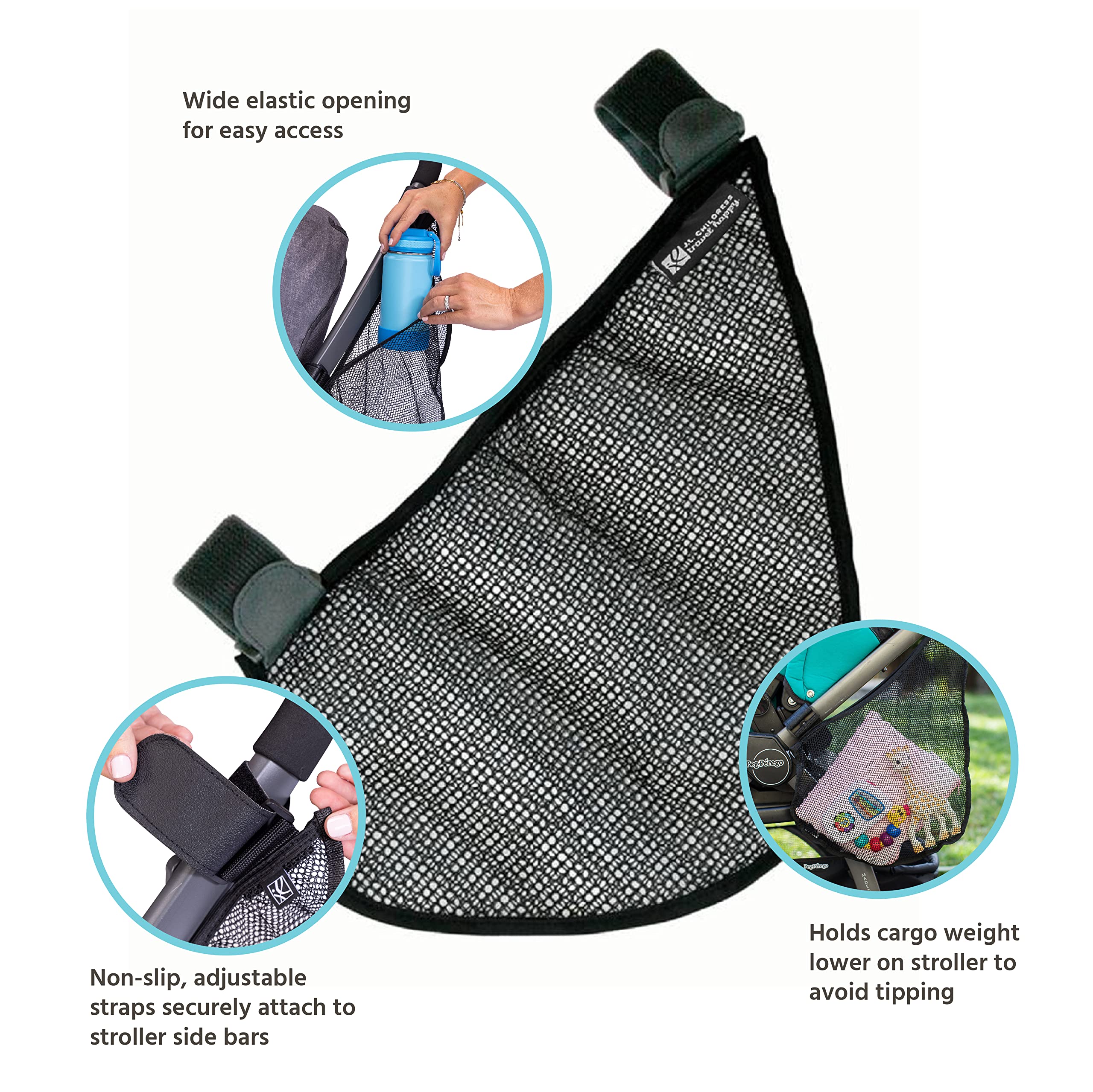 J.L. Childress Side Sling Stroller Storage Accessory - Universal Stroller Organizer - Mesh Cargo Net for Stroller Storage - Non-Slip, Adjustable Straps - Black