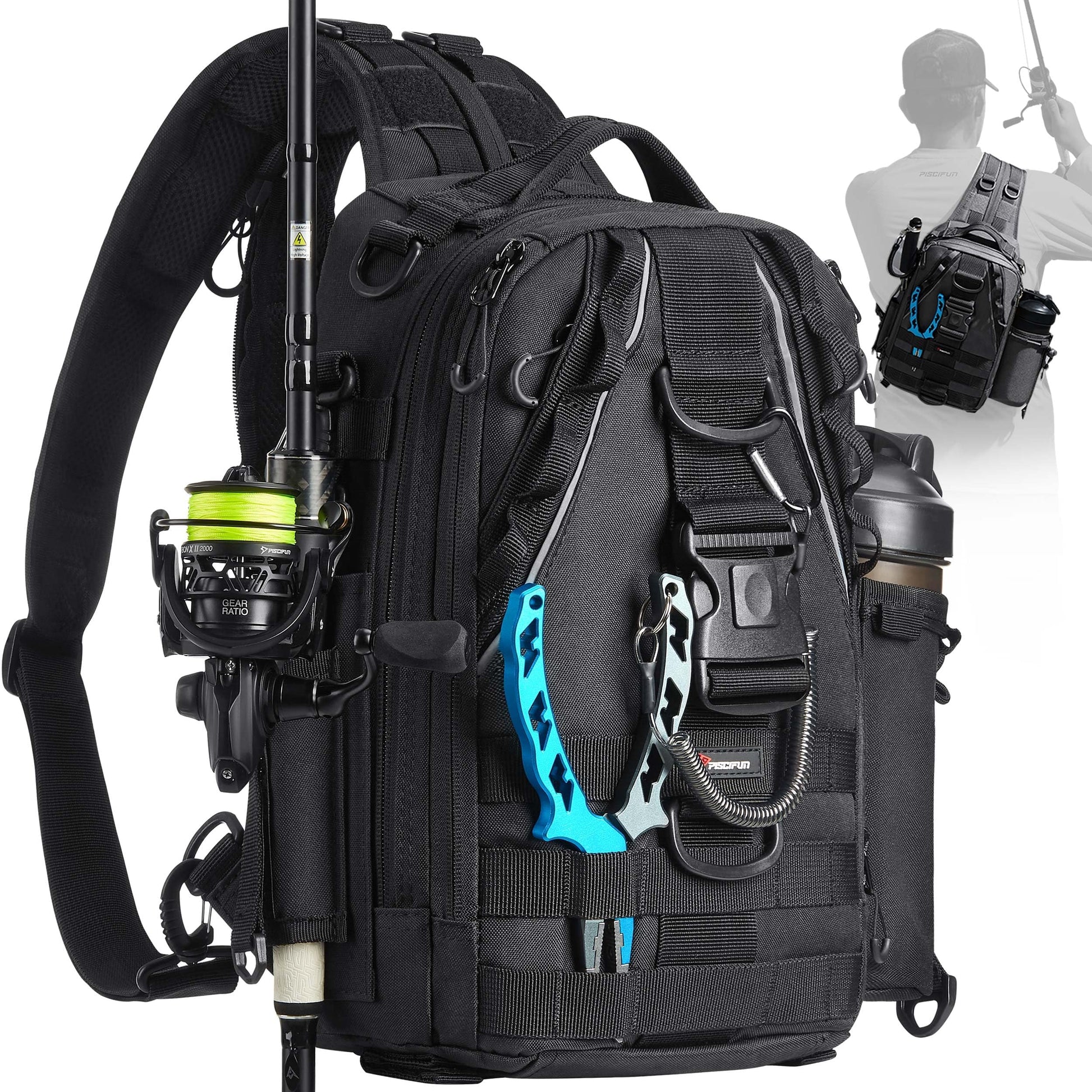 Piscifun Fishing Tackle Backpack with Rod & Gear Holder, Lightweight Outdoor Water-Resistant Fishing Shoulder Storage Bag, Black