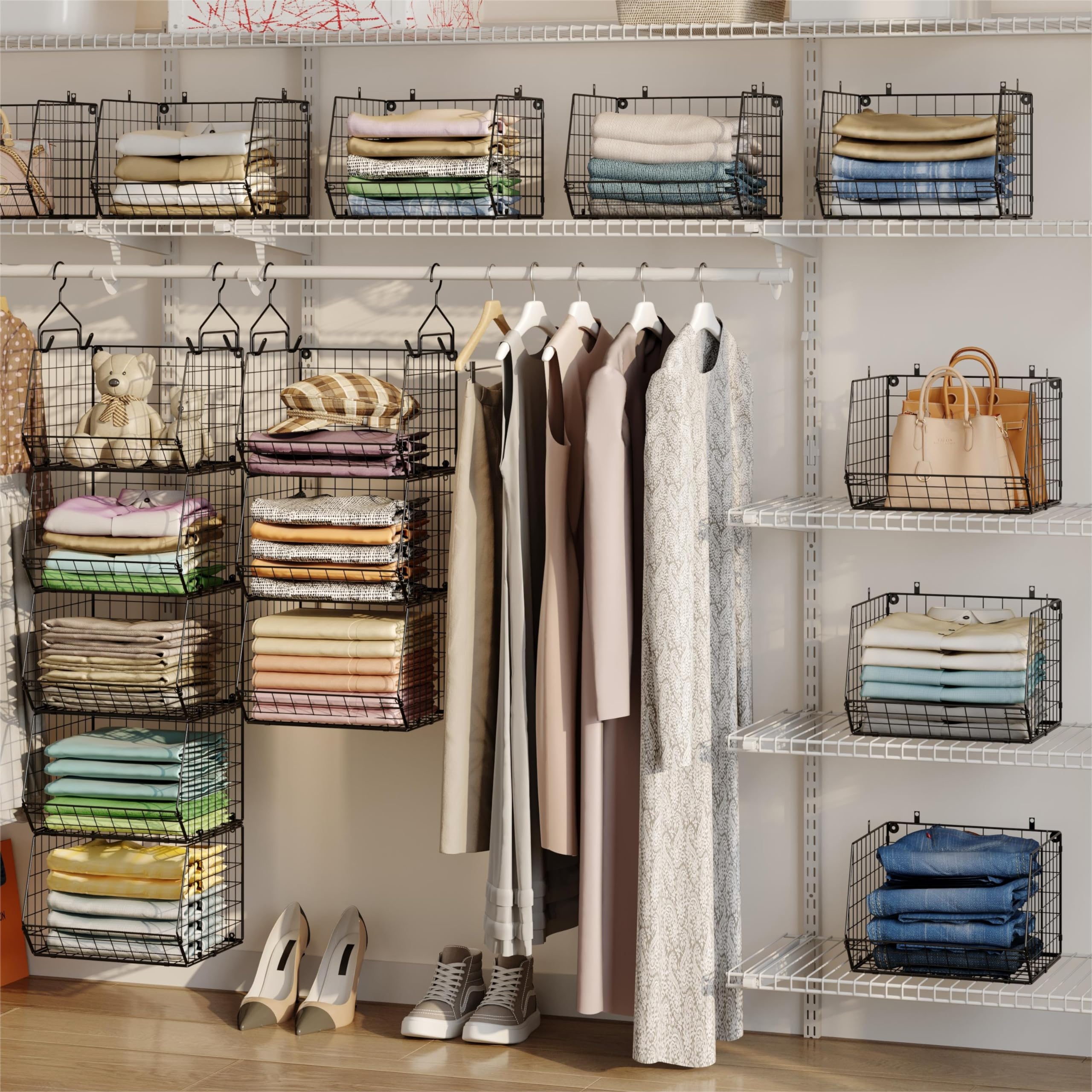 5 Tier Closet Hanging Organizer, Clothes Hanging Shelves with 4 Hanging Hooks 5 S Hooks, Wire Storage Basket Bins, for Clothing Sweaters Shoes Handbags Clutches Accessories Patent Design