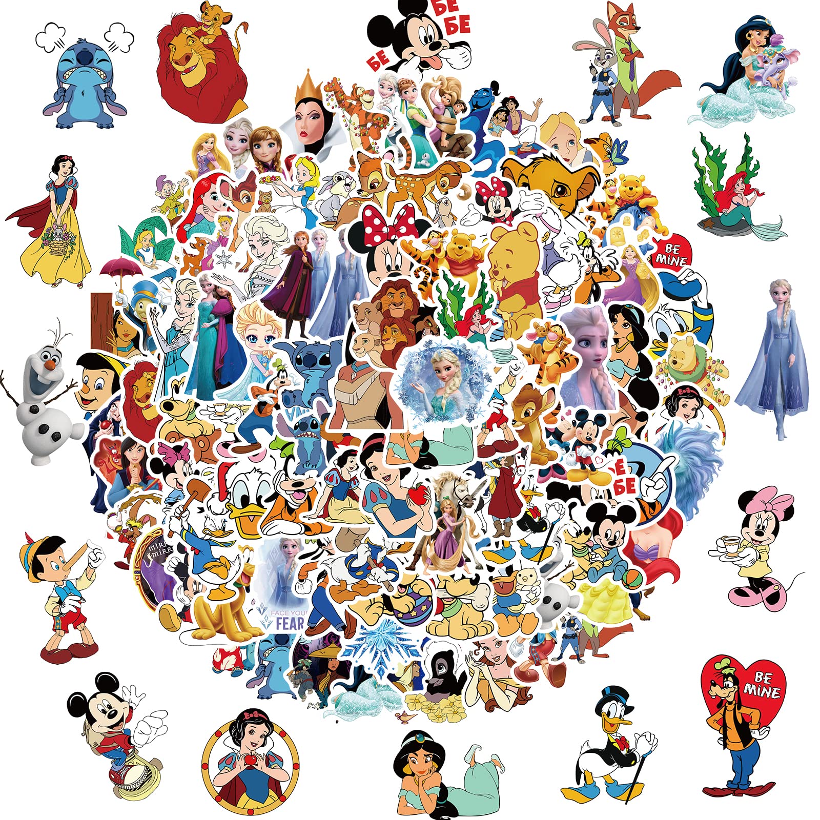 100Pcs Disney Cartoon Sticker for Kids, Cute Mixed Cartoon Princess Stickers for Girl, Waterproof Water Bottle Skateboard Notebook Phone Guitar Bike Vinyl Decal for Teen Adult (100 Disney Cartoon)