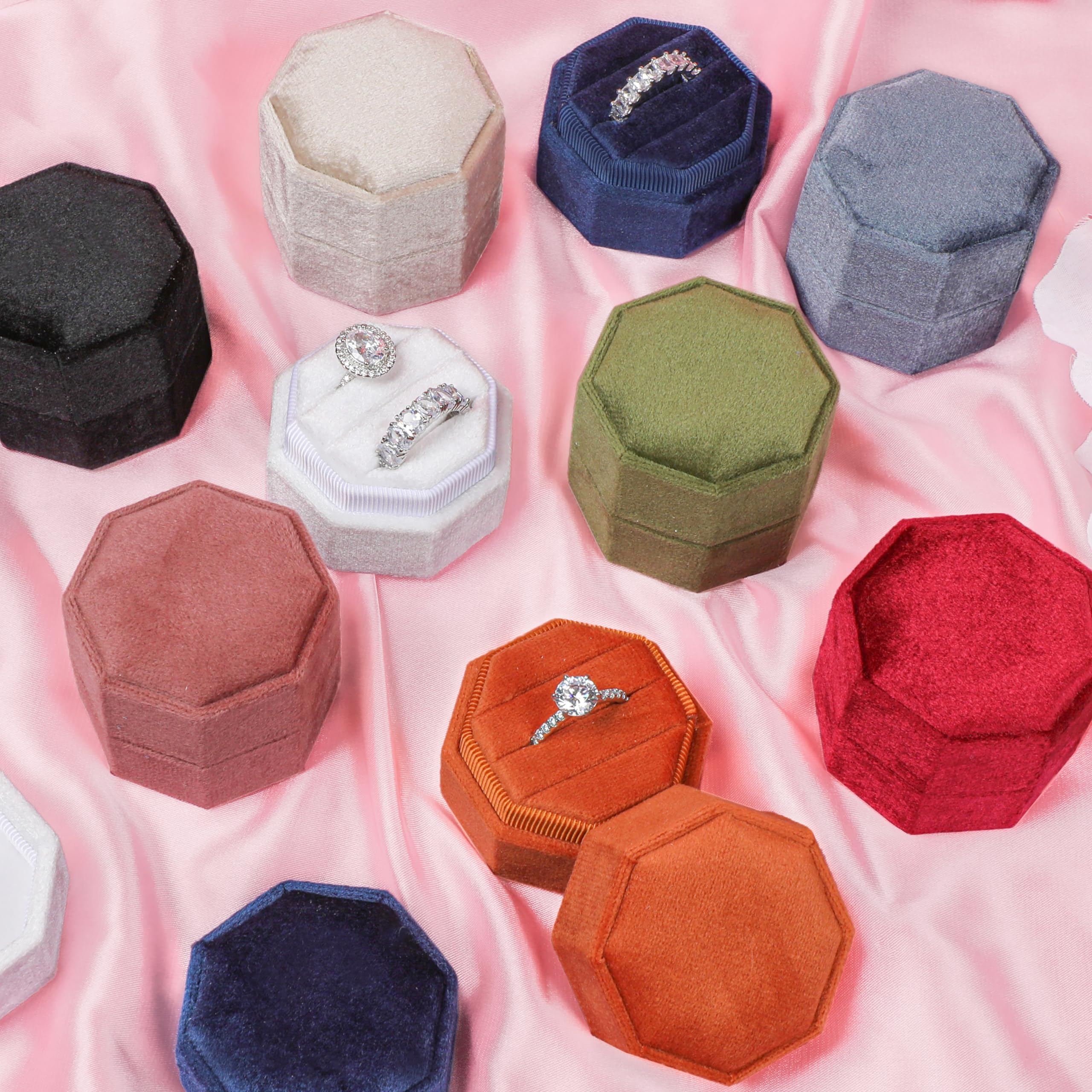 BLUTETE Velvet 3 Slots Jewelry Ring Box Engagement Wedding Box Keepsake Box Bridal Photo Ring Triple Slots Octagon (Champagne)