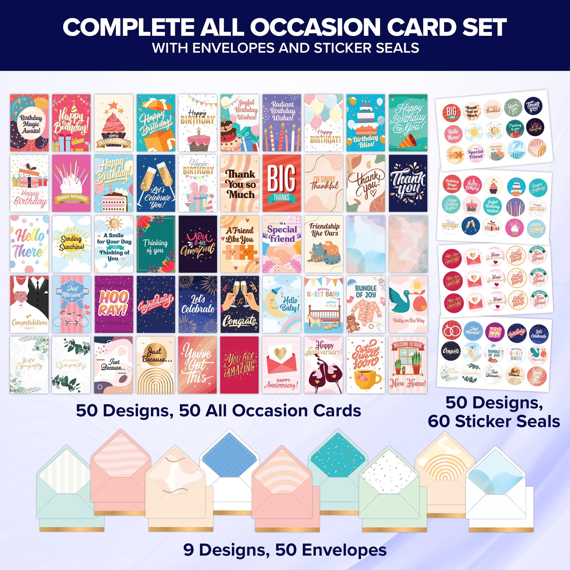 Decorably 50 Pack Gold Foiled and Glittery 5x7in All Occasion Cards Assortment Box with Envelopes & Stickers, 50 Unique Designs All Occasions Greeting Cards Assortment Box with Printed Message Inside
