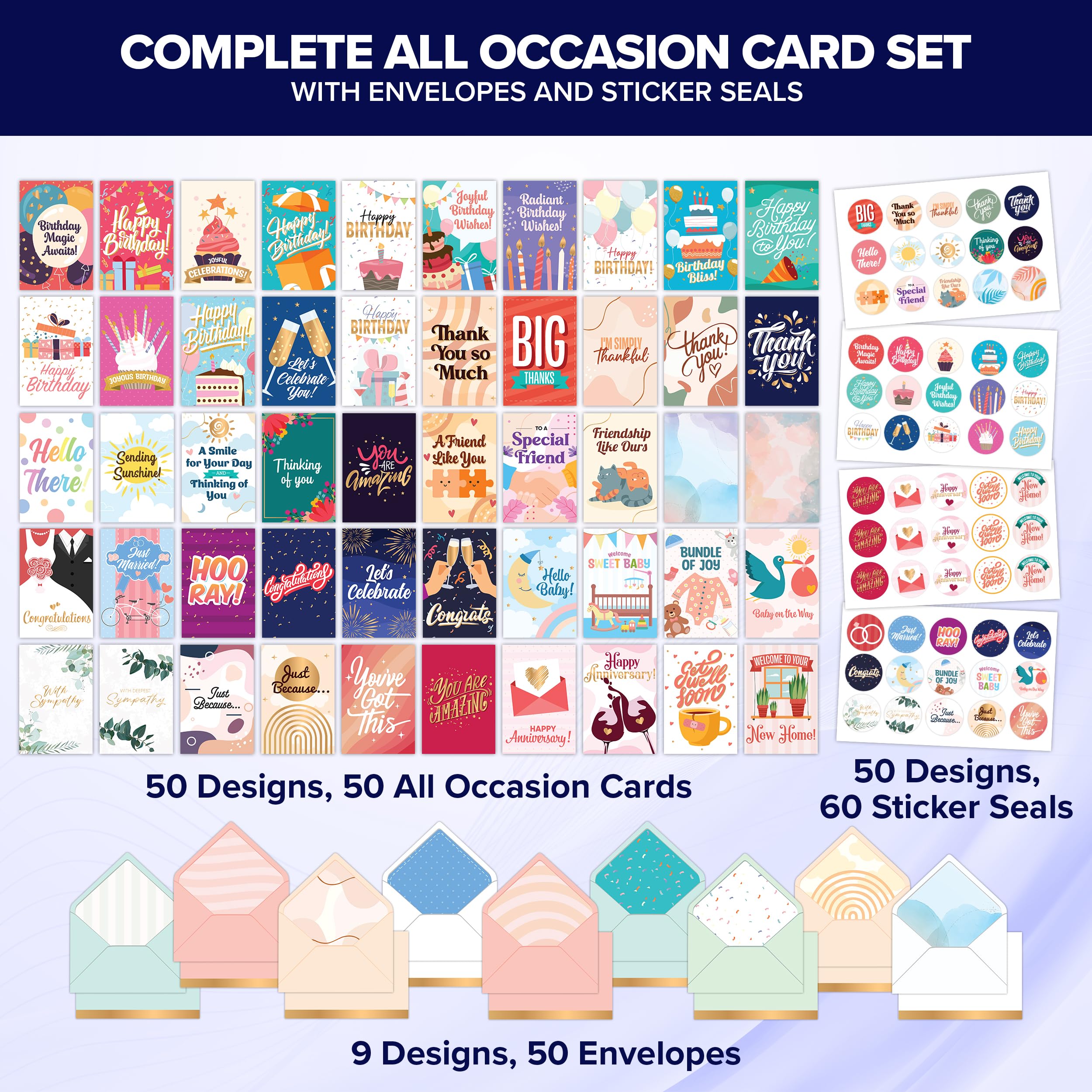 Decorably 50 Pack Gold Foiled and Glittery 5x7in All Occasion Cards Assortment Box with Envelopes & Stickers, 50 Unique Designs All Occasions Greeting Cards Assortment Box with Printed Message Inside