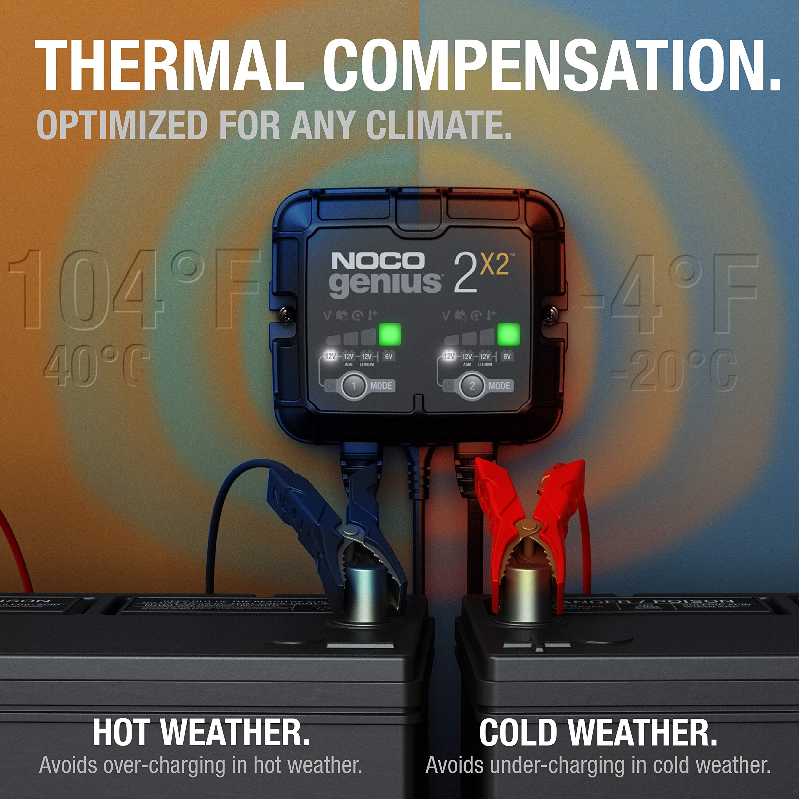 NOCO GENIUS2X2: 4A 2-Bank Smart Battery Charger (2A/Bank) - 6V/12V Automatic Maintainer, Trickle Charger & Desulfator with Overcharge Protection & Temperature Compensation – For Lead-Acid & Lithium