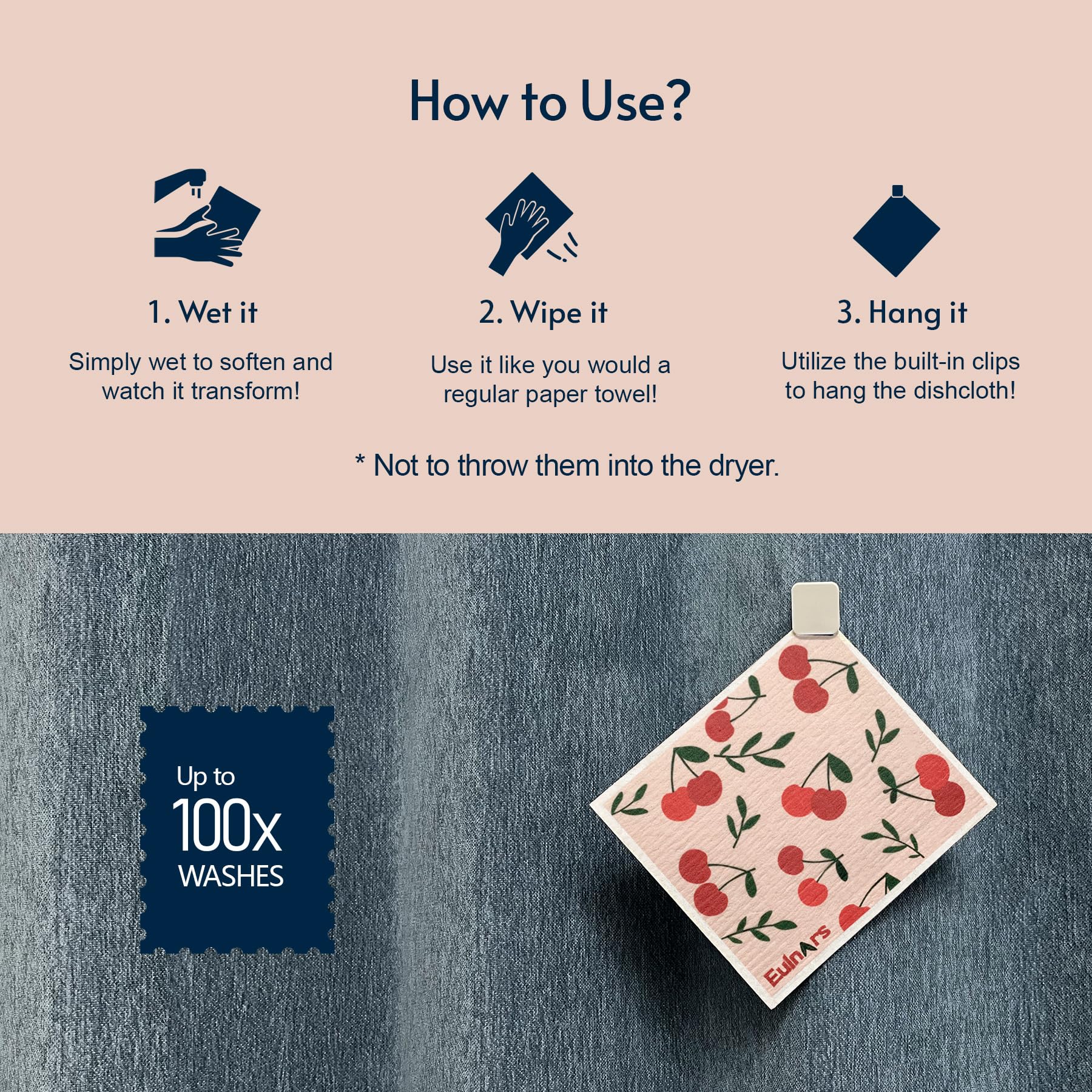 Eulnars Swedish Dishcloths for Kitchen, 8 Pack Reusable Paper Towels with Clips, Non-Scratch Swedish Kitchen Towels, Super Absorbent Cellulose Sponge Cloths, Dishwasher Safe, No Odor