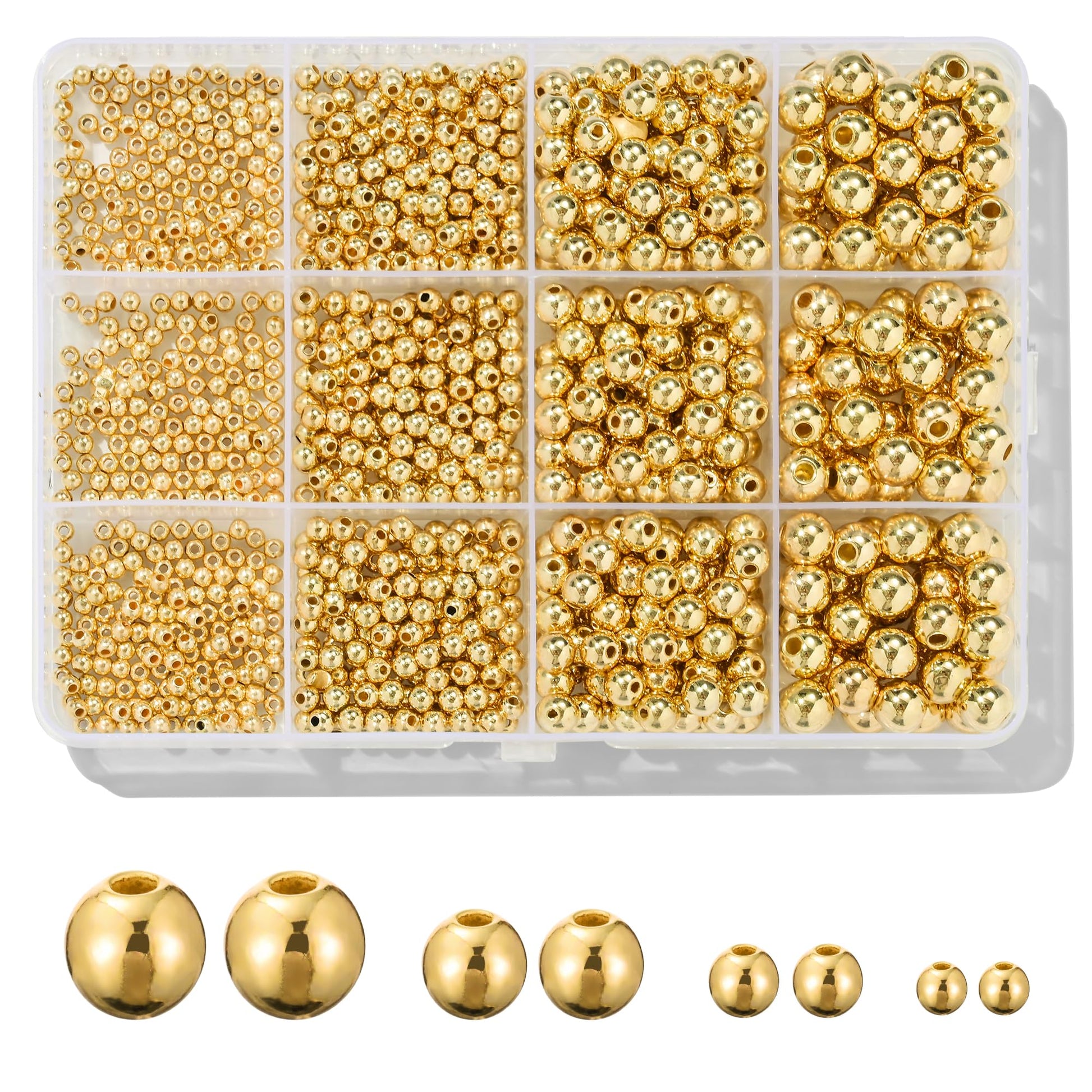 1100 Pcs Gold Beads Smooth Round Beads 3/4/6/8mm Gold Spacer Loose Ball Bead Kits Gold Filled Beads for Bracelet Jewelry Making