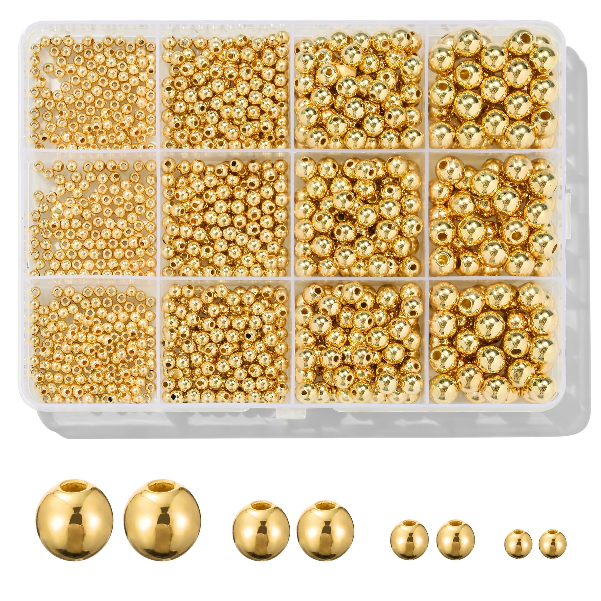 1100 Pcs Gold Beads Smooth Round Beads 3/4/6/8mm Gold Spacer Loose Ball Bead Kits Gold Filled Beads for Bracelet Jewelry Making