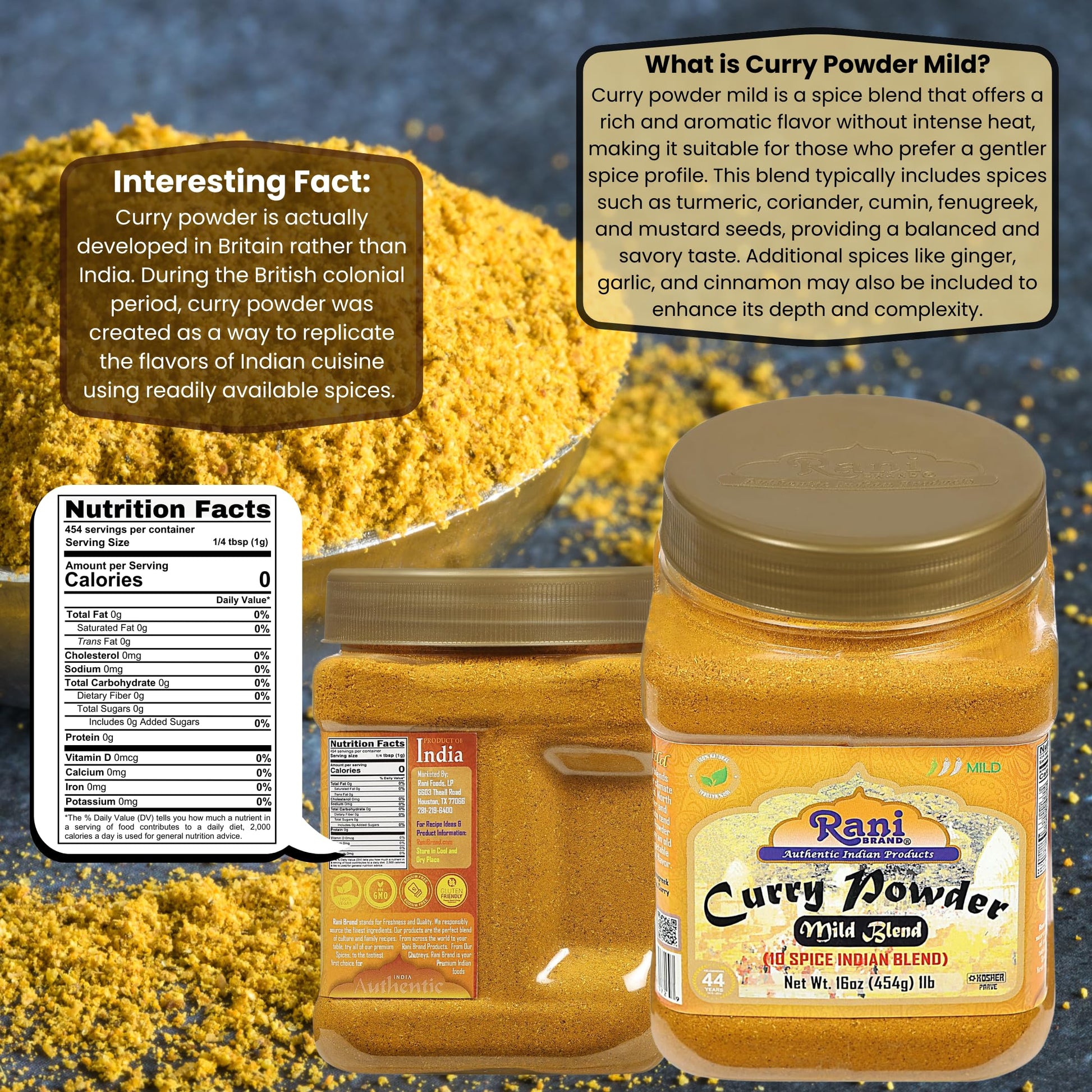 Rani Curry Powder Mild (10-Spice Authentic Indian Blend) 1lb (454g) PET Jar ~ All Natural | Salt-Free | NO Chili or Peppers | Vegan | No Colors | Gluten Friendly | NON-GMO | Kosher | Indian Origin