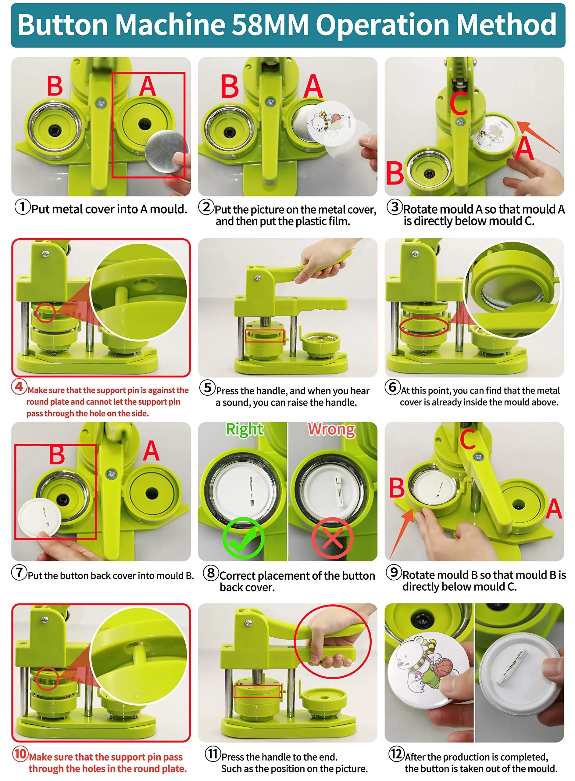 Happizza Button Maker Machine 58mm - (3rd Gen) Installation-Free 58mm(2.25in) DIY Pin Badge Button Maker Press Machine Badge Punch Press with Free 100pcs Button Parts&Pictures&Circle Cutter&Magic Book