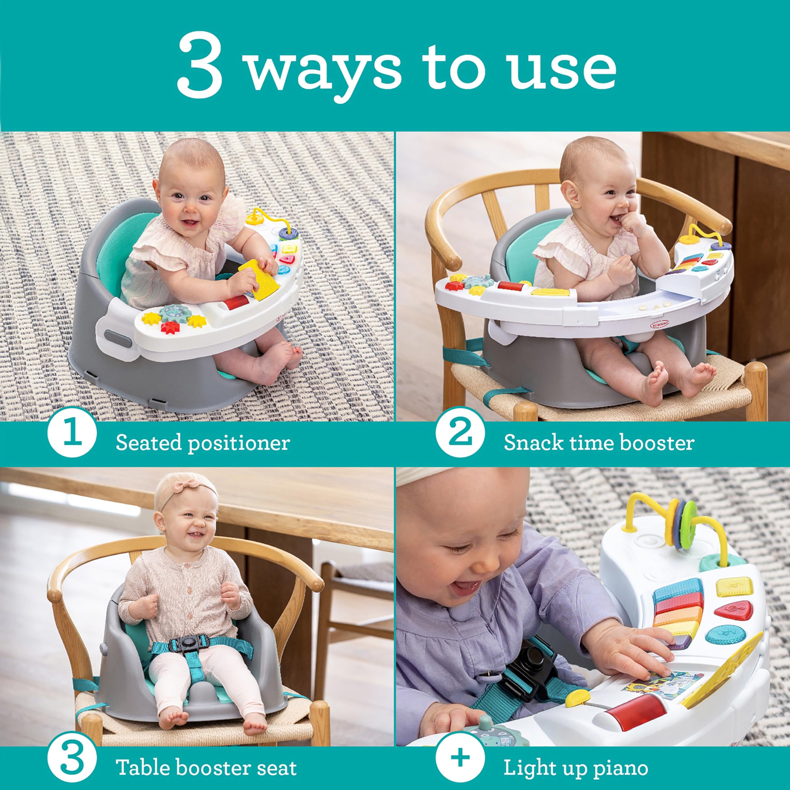 Infantino Music & Lights 3-in-1 Discovery Seat & Booster, Toddler Booster Seat for Dining Table or Kitchen Chair, Baby Activity Center & Snack Tray, Teal