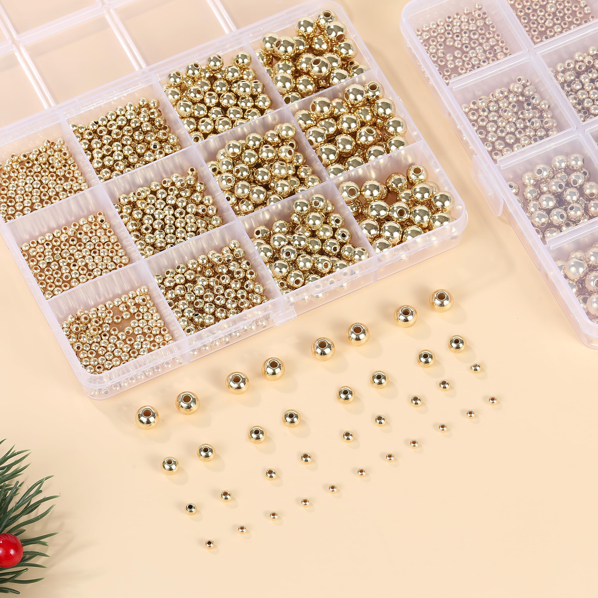 1100 Pcs Gold Beads Smooth Round Beads 3/4/6/8mm Gold Spacer Loose Ball Bead Kits Gold Filled Beads for Bracelet Jewelry Making