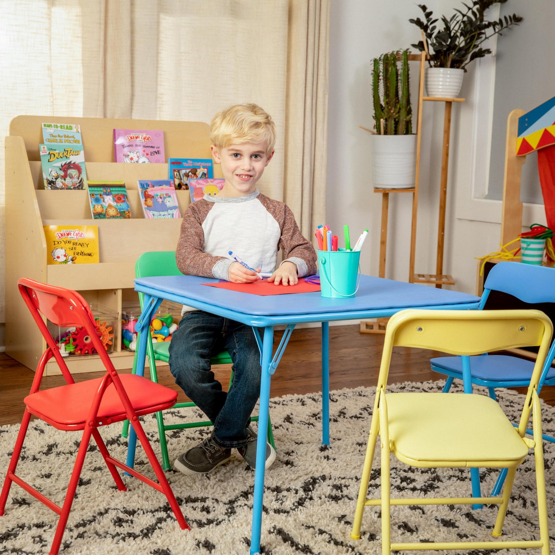 Flash Furniture Mindy Kids 5-Piece set Folding Square Table and Chairs Set for Daycare and Classrooms, Children's Activity Table and Chairs Set, Multicolor