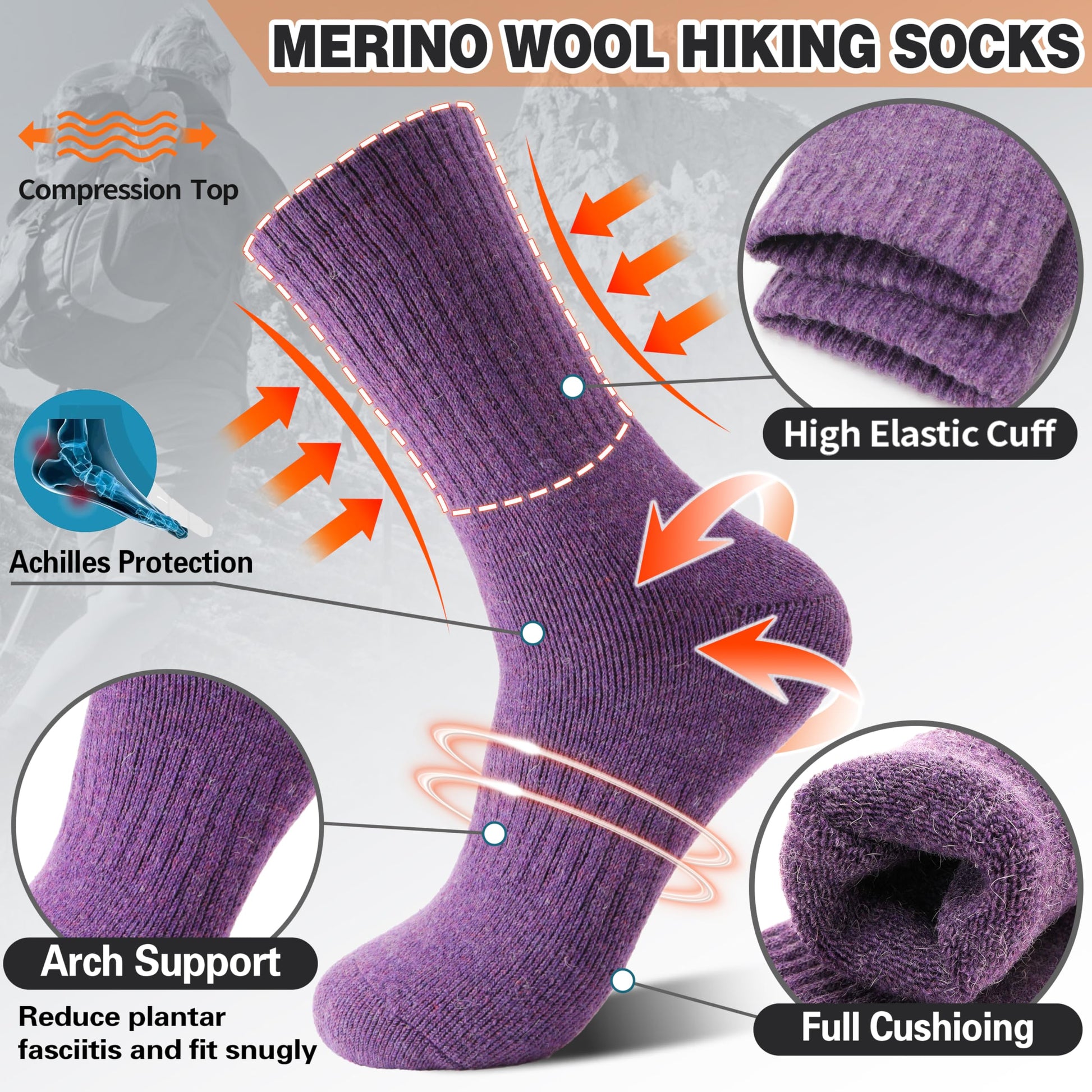 Merino Wool Socks for Women Hiking Warm Winter Thick Boot Thermal Cozy Crew Work Soft Ladies Socks Gift 5 Pack Stocking Stuffers（ Purple/Blue/Black/Grey/Dull Grey）