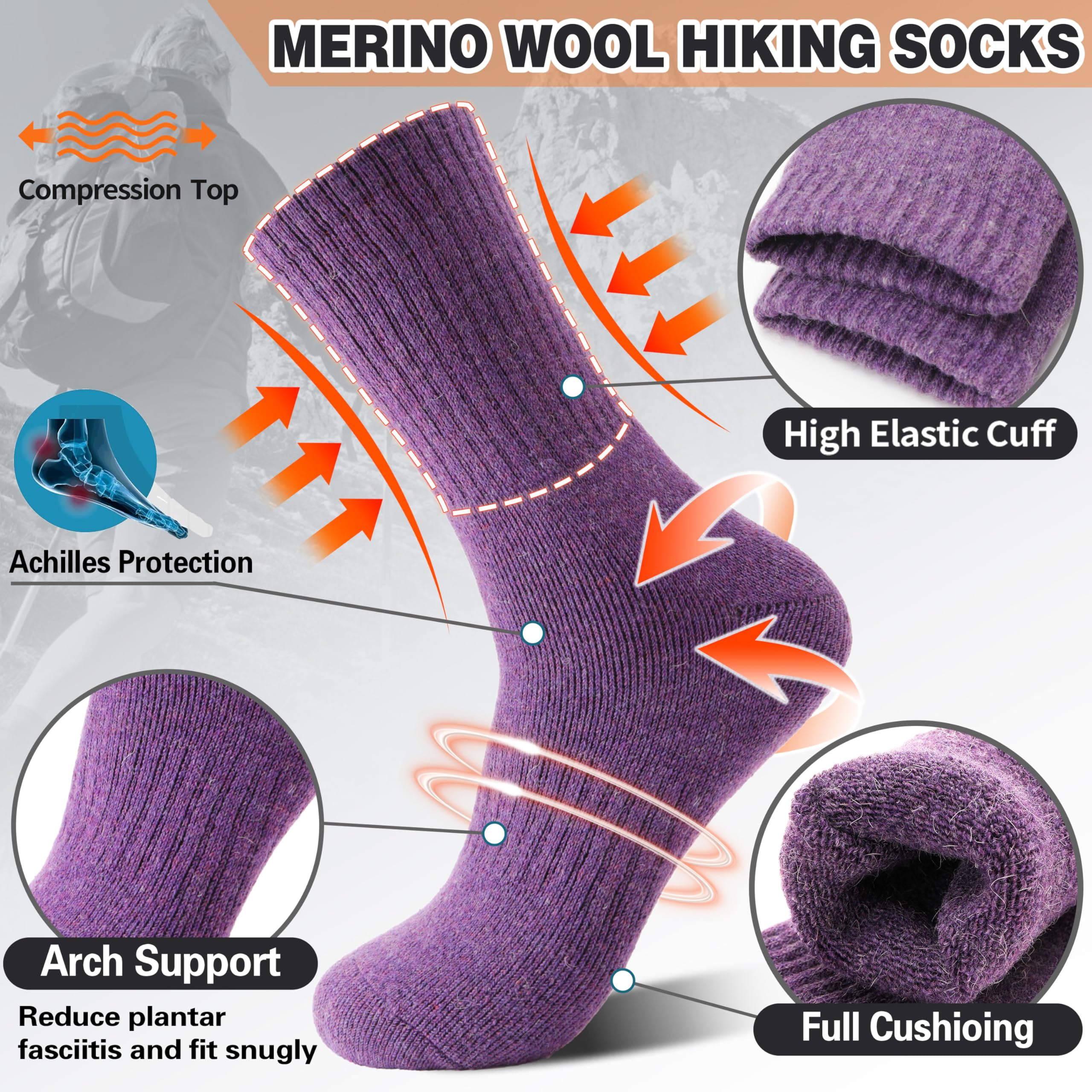 Merino Wool Socks for Women Hiking Warm Winter Thick Boot Thermal Cozy Crew Work Soft Ladies Socks Gift 5 Pack Stocking Stuffers（ Purple/Blue/Black/Grey/Dull Grey）