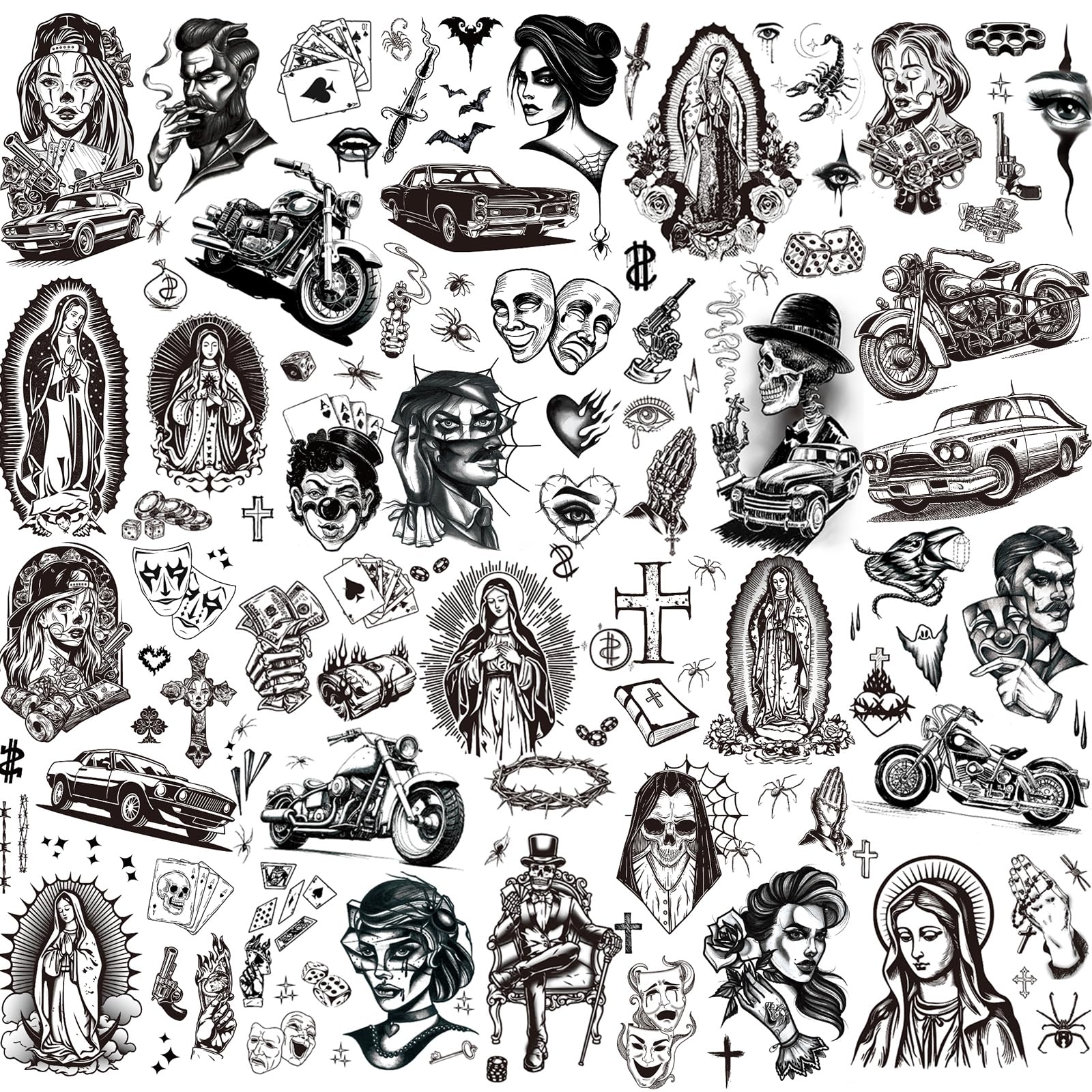12 Sheets Large Chicano Temporary Tattoos, Cholo and Chola Temporary Tattoos, Chicana Guadalupe Gangster Fake Tattoos Day of the Dead, DÃÂ­a de Muertos, Tatuajes Temporales, Halloween Mexico Tattoos