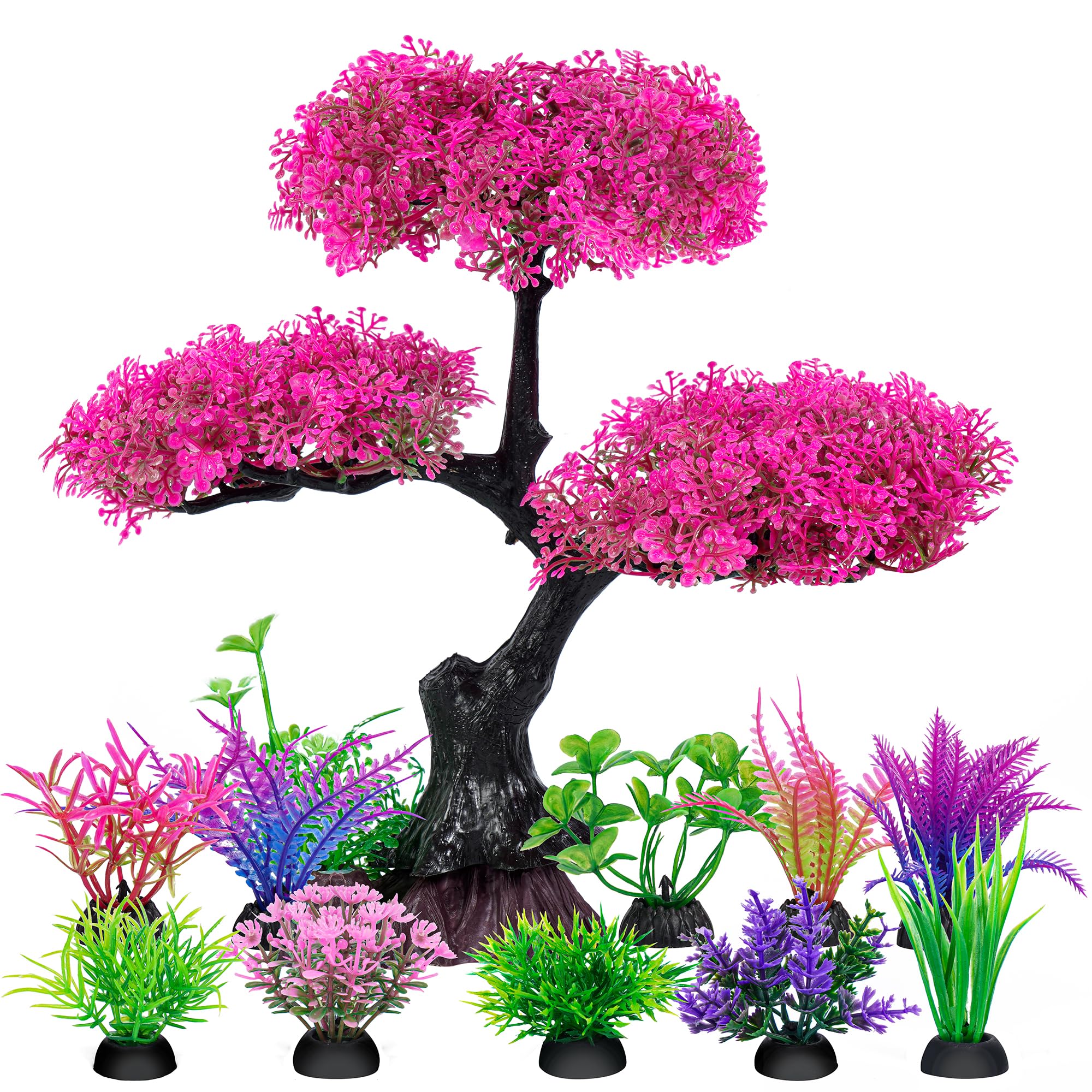 Ameliade Aquarium Artificial Plastic Plants Decoration, Pink Cherry Blossom Tree Aquarium Decor Set, Goldfish Betta Fish Tank Decorations Hides Accessories（Pink