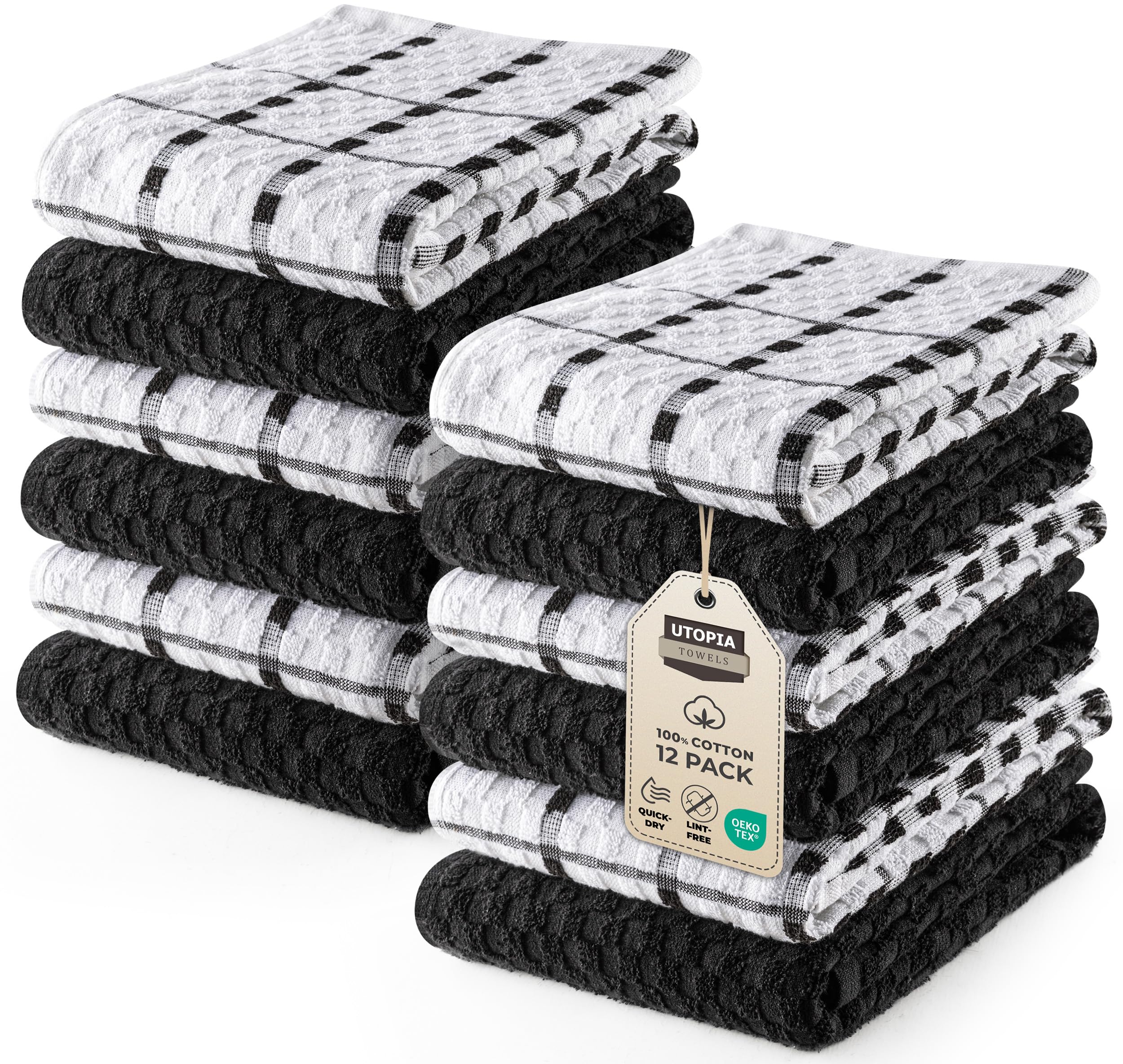 Utopia Towels - Kitchen Towels 12 Pack, 15 x 25 Inches, 100% Ring Spun Cotton Super Soft and Absorbent Linen Dish, Tea and Bar Towels Set, Black