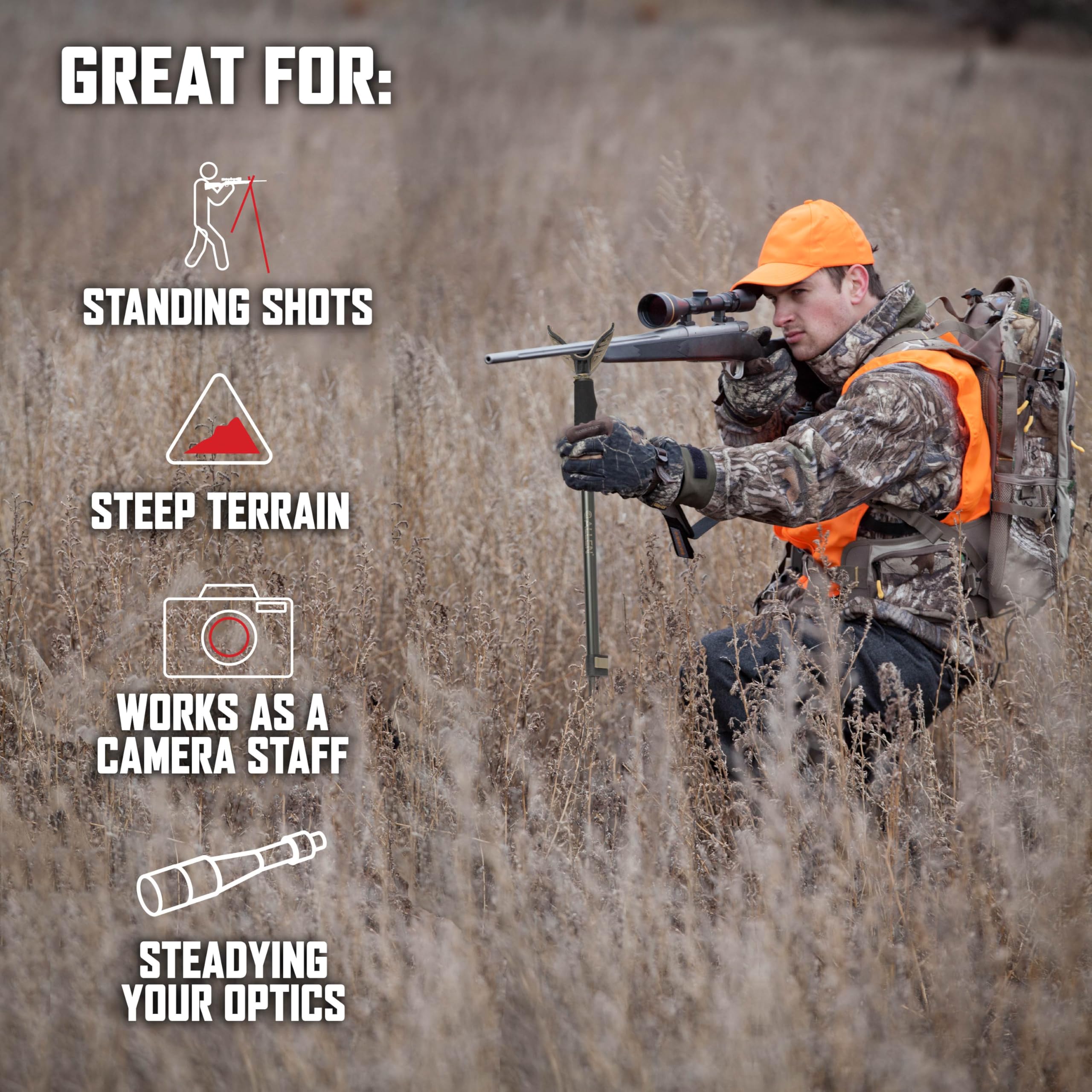 Allen Company Monopod Shooting Stick and Gun Rest - Versatile Hunting Accessories with Adjustable Height - Aluminium,Black