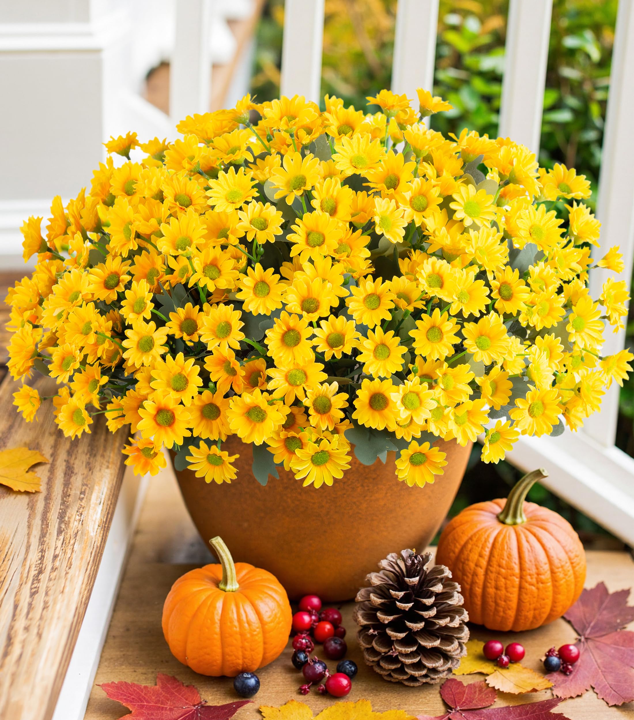 Daisy Artificial Flowers for Outdoors Fall Autumn Decoration, 6 Bundles Fake Mums Yellow Silk Flowers for Outside Look Real UV Resistant Faux Flowers Plants for Planter Front Door Home Indoor Porch