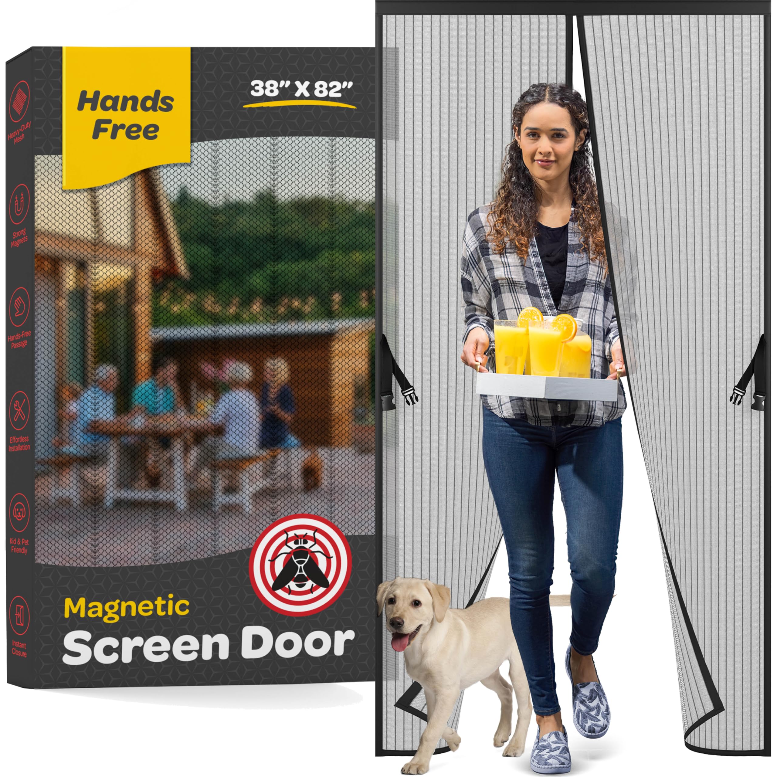 Magnetic Screen Door, Hands-Free Kid/Pet-Friendly Walk Through - Self Magnetic Closure Screen Door Mesh, Stay-Open Option with Buckles - Keeps Bugs Out Lets Breeze in, Fits Door Size (39.4" x 82.7")