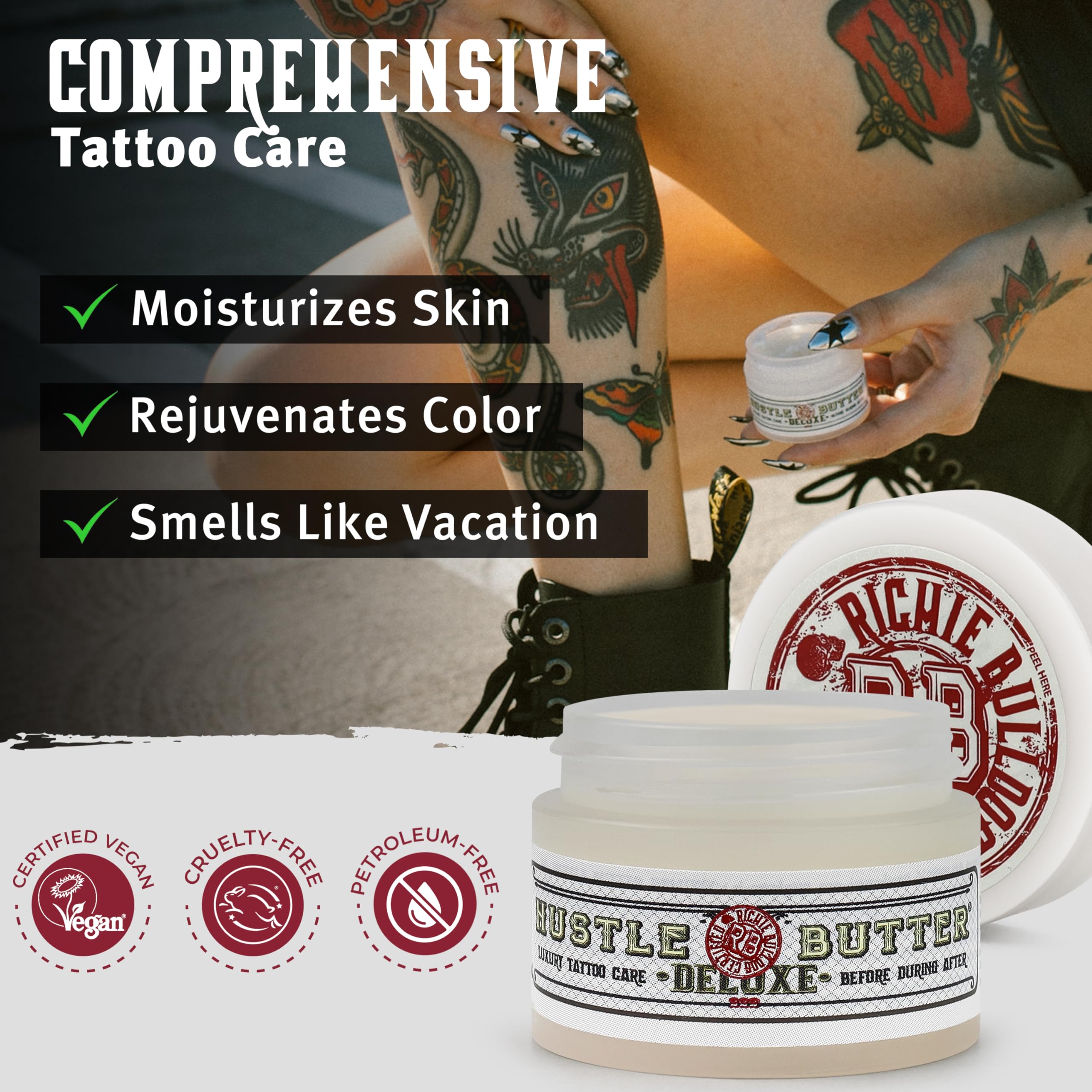 Hustle Butter Deluxe – Tattoo Butter for Before, During, and After the Tattoo Process – Lubricates and Moisturizes – 100% Vegan Replacement for Petroleum-Based Products – 1 oz