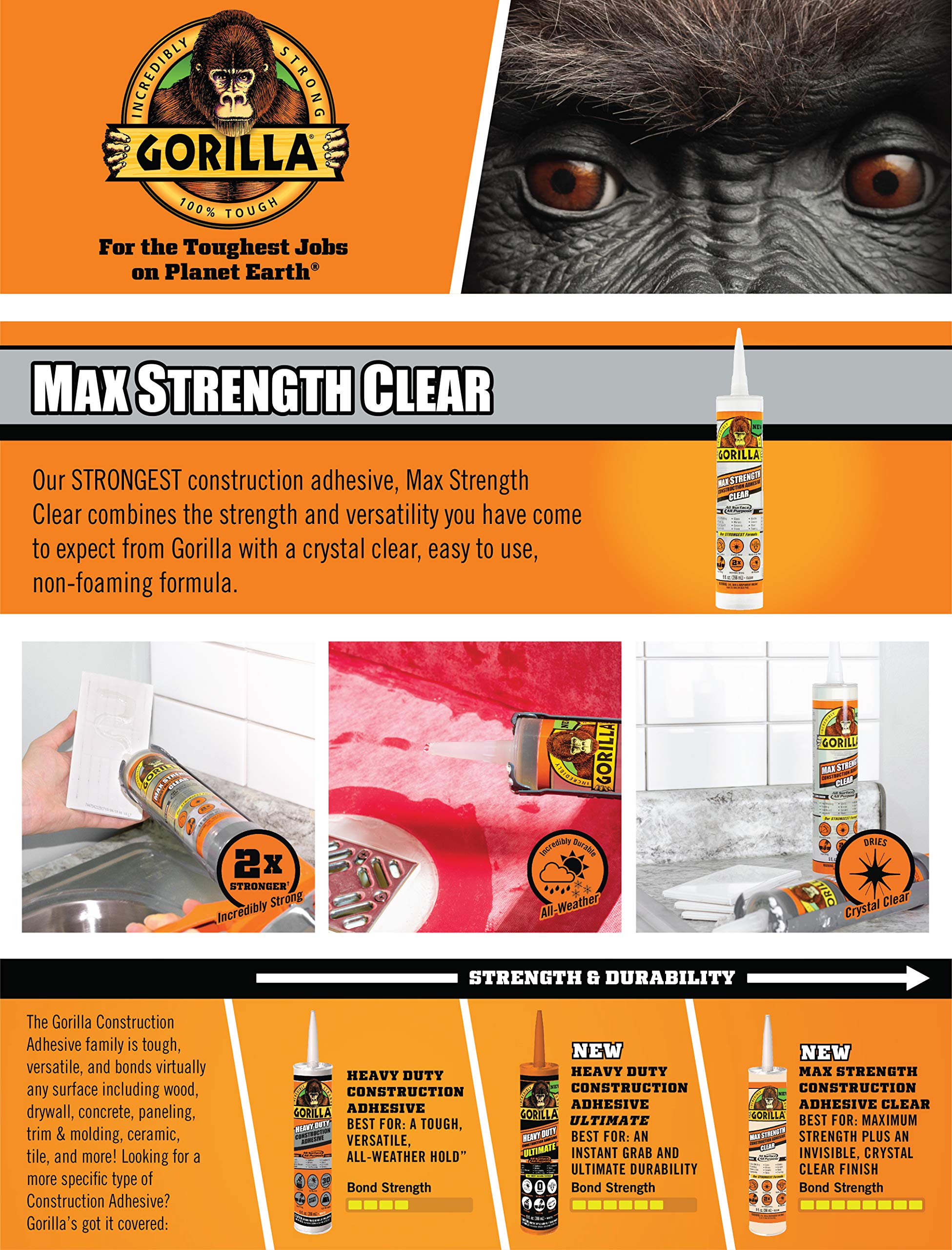 Gorilla Max Strength Construction Adhesive, Clear Glue, 9 Ounce Cartridge (Pack of 1) - Gap Filling and Waterproof