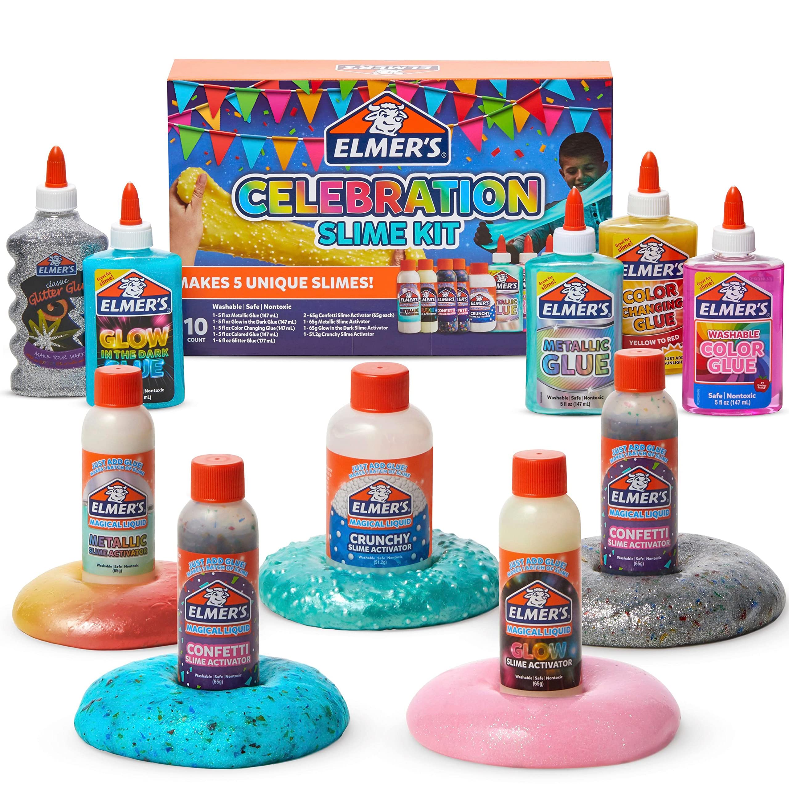 Elmer's Celebration Slime Kit, Complete Slime Supplies with Assorted Magical Liquid Slime Activators and Assorted Liquid Glues, 10 Count, Perfect for Parties and Activity Time