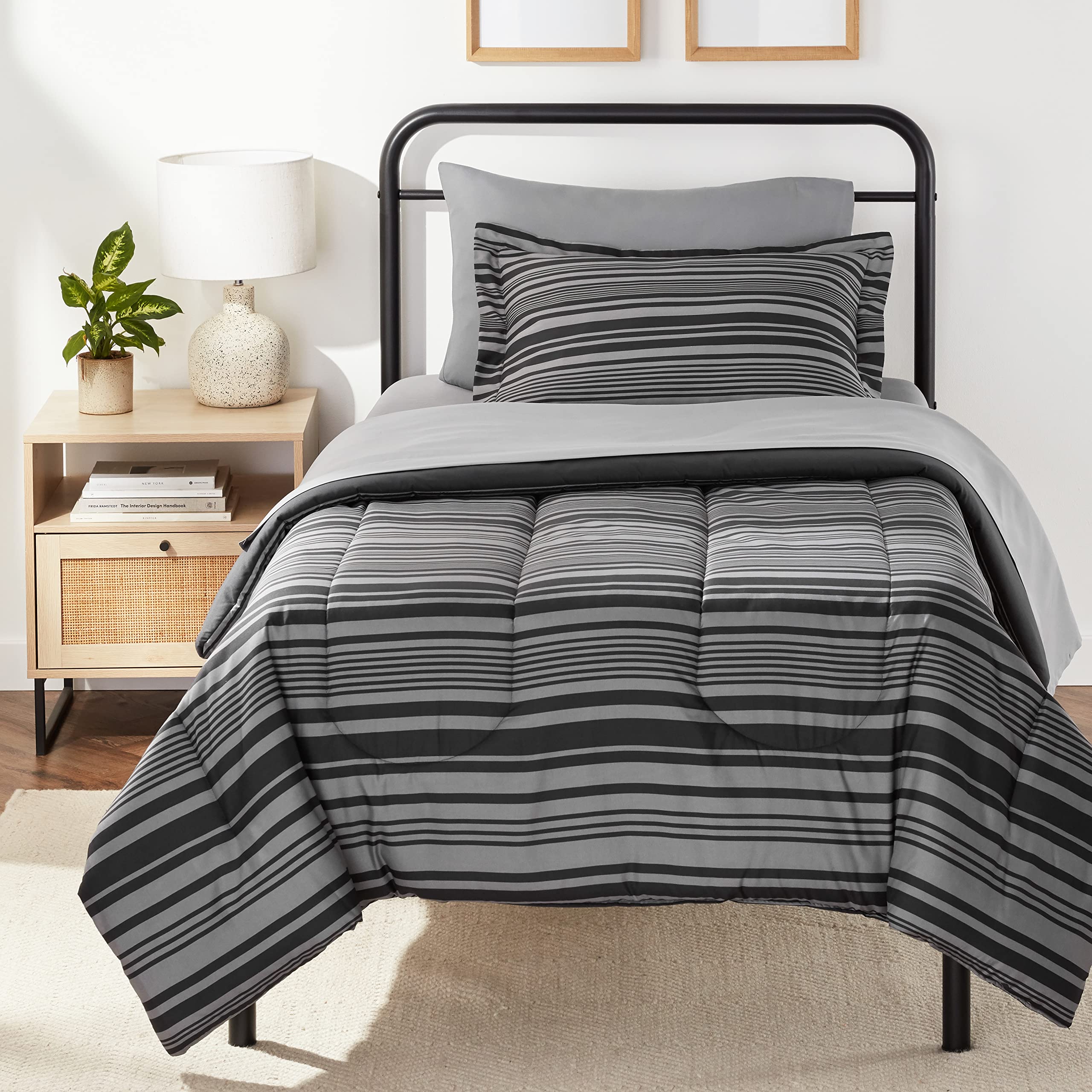 Basics 5-Piece Lightweight Microfiber Comforter Set with Sheets ,Bed-in-a-Bag Sheets, Gray Calvin Striped Bedding, Twin/Twin XL