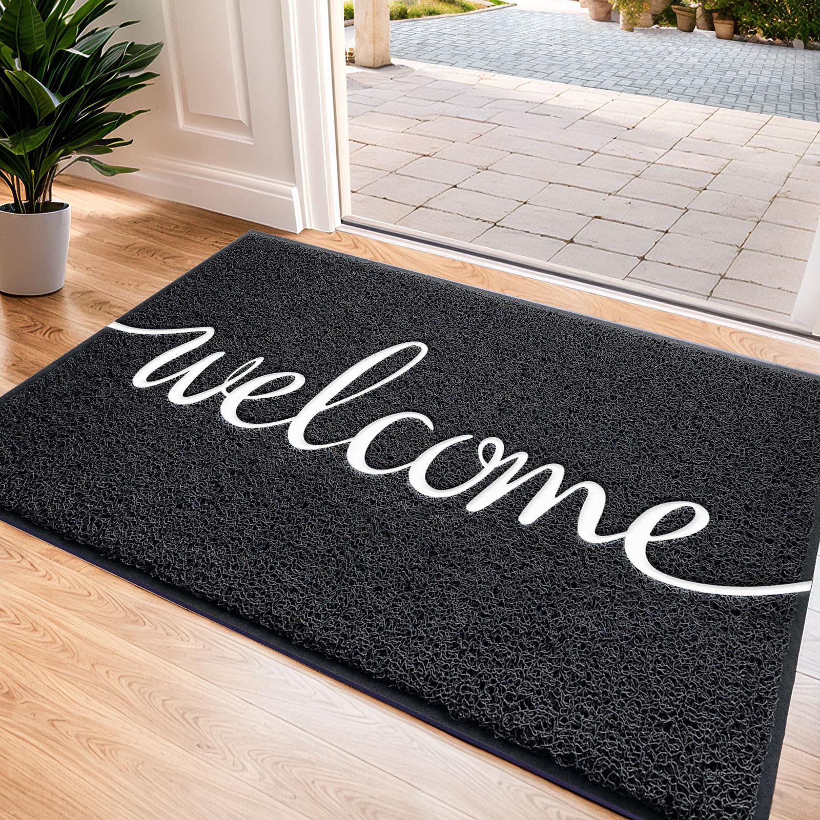 CozyBounty Black Door Mat Welcome Mats Outdoor Indoor Non-Slip Doormat for Entryway Low-Profile Floor Mat for Yard, Garage, High Traffic Areas (30"x17.5", Black)