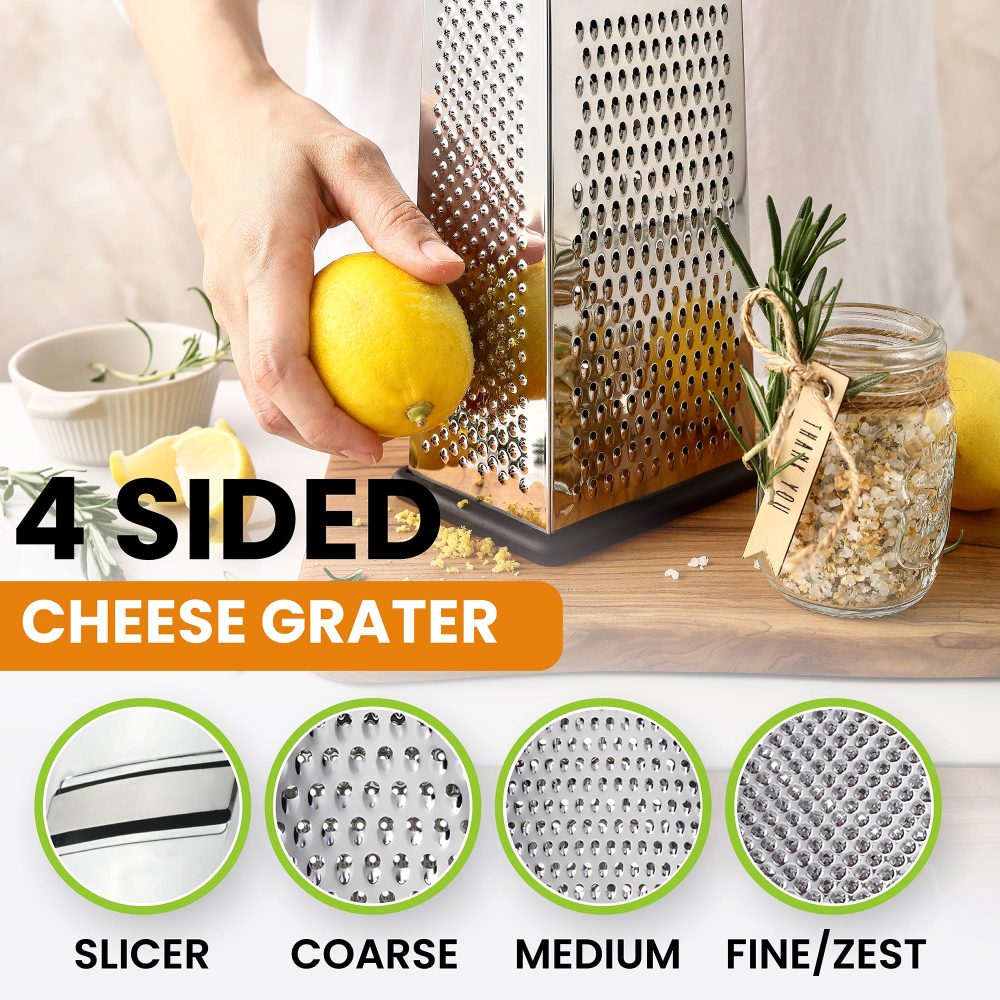 Spring Chef Professional Large Parmesan Cheese Grater, Stainless Steel Metal Box Grater with Handle, 4 Sided Handheld Kitchen Food Shredder for Cheese, Carrot, Veggie, Ginger, Potato - Dishwasher Safe