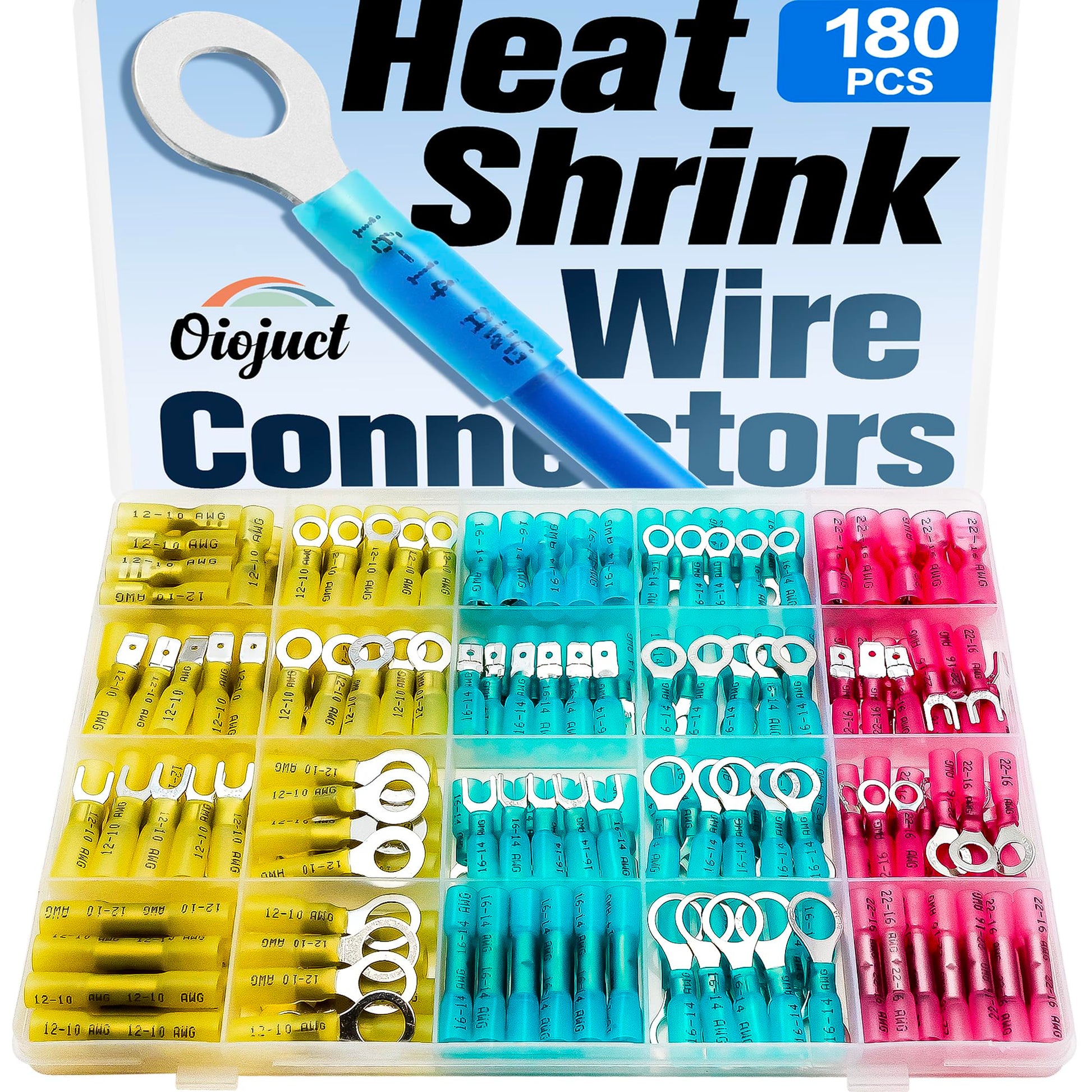 180Pcs Heat Shrink Wire Connectors Kit - Waterproof Marine Automotive Battery Electrical Crimp Terminals Set, Ring Fork Spade Butt Splices